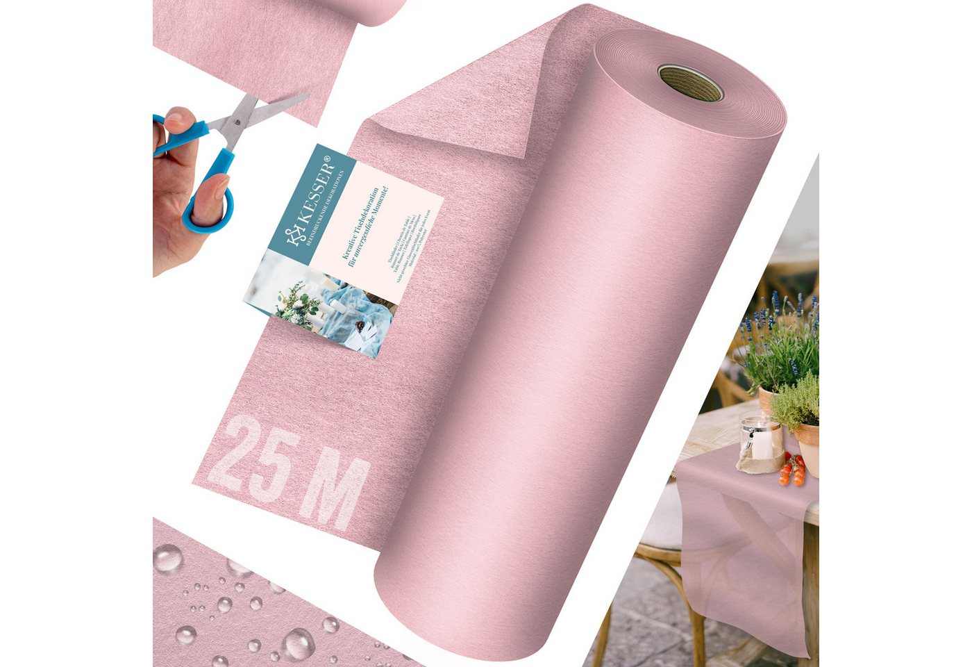 KESSER Tischläufer 25 m × 30 cm, wasserabweisend & abwaschbar, 30 g/m², anpassbare Vlies-Tischdekoration – für Feste aller Art geeignet