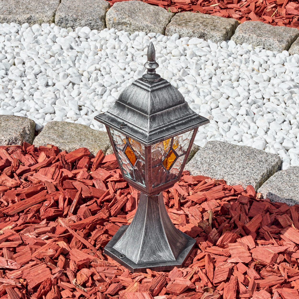 hofstein Pollerleuchte Außenwegeleuchte aus Metall/Glas in Schwarz/Silber/Klar/Orange, Wegelampe im Antik/Landhaus/Vintage/Retro-Design, Höhe 40cm, E27, IP44