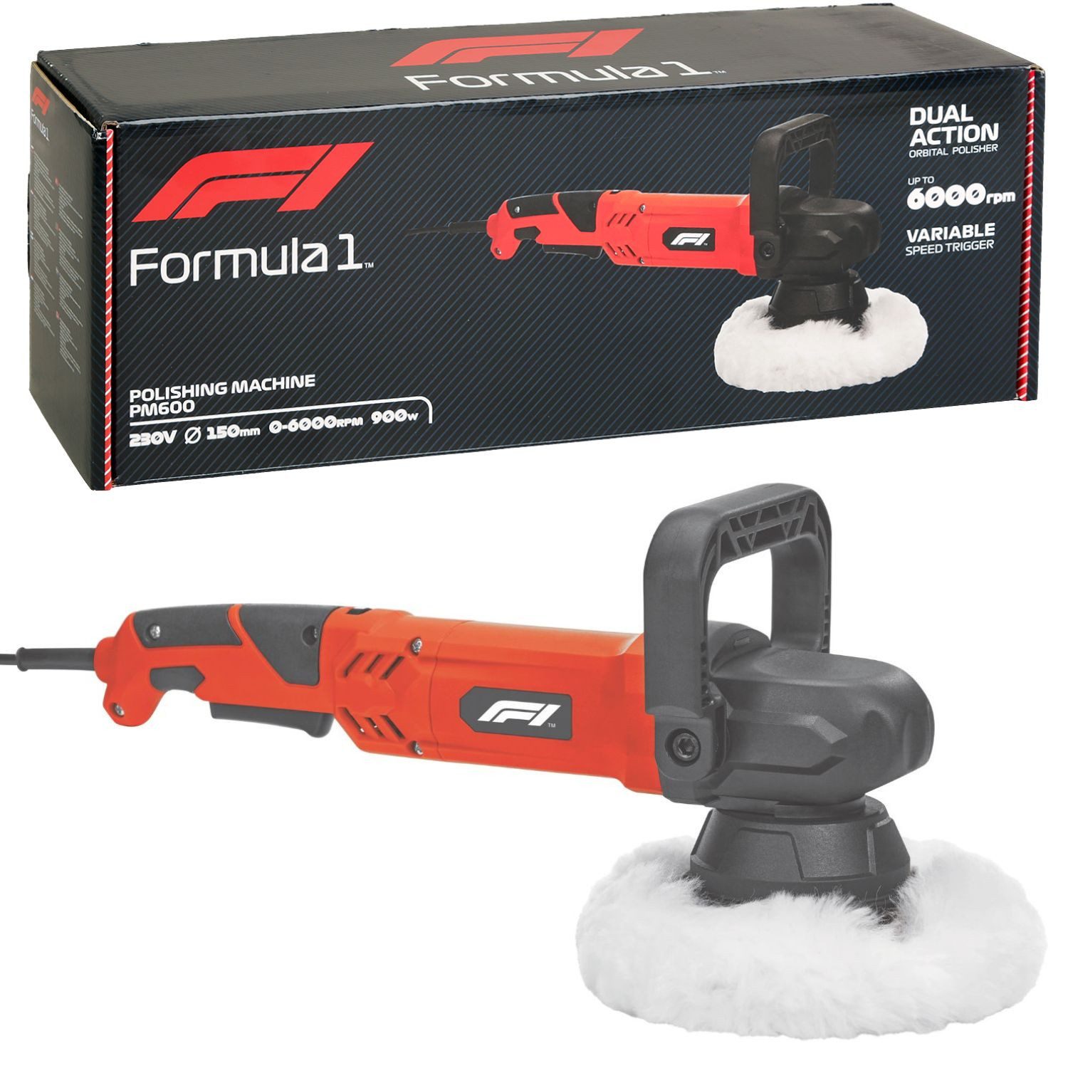 Formula 1 Rotationspoliermaschine F1 Poliermaschine 150mm 900W 4000 U/min, 600 min. U/min, 4000 max. U/min, (Set), Set mit Zubehör Auto Polierer Poliergerät Schleifmaschine