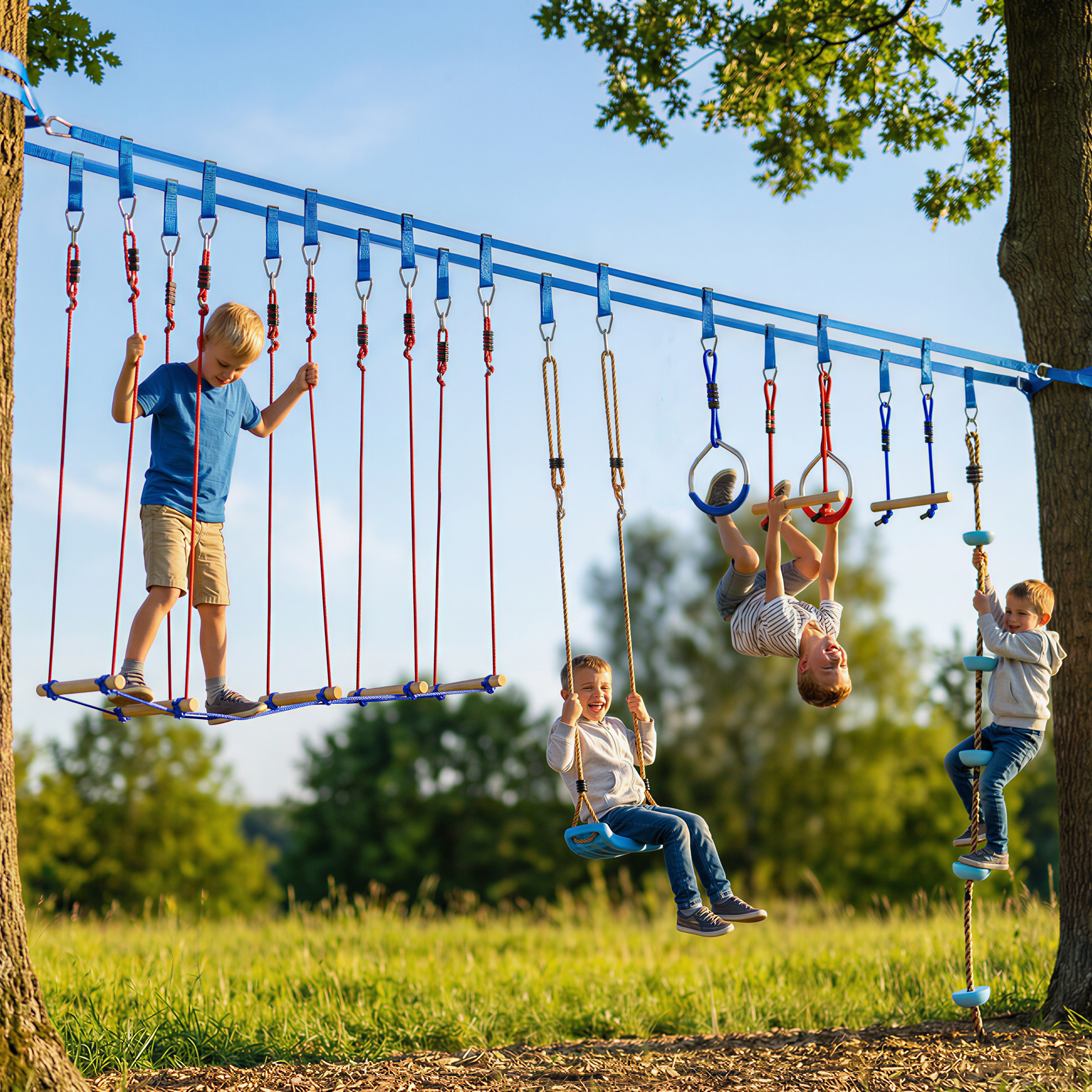 AIYAPLAY Slackline 24 m Ninja Line Kinder mit Turnringe 7 Hindernissen Kletterstange, für 3-6 Jahre Kinder Rot+Blau