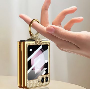 SOTOR Handyhülle Für Samsung Galaxy Z Flip4 Flip5 Smartphone-Hülle Hülle Schutz Hart, Luxus Überzug Leder Metall Finger Ring Stand Abdeckung