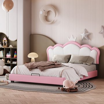 EXTSUD Kinderbett Babybett Kissenbett 140*200cm, mit Lattenrost und Rückenlehne, Kronenförmiges Mädchenbett, rosa (ohne Matratze)