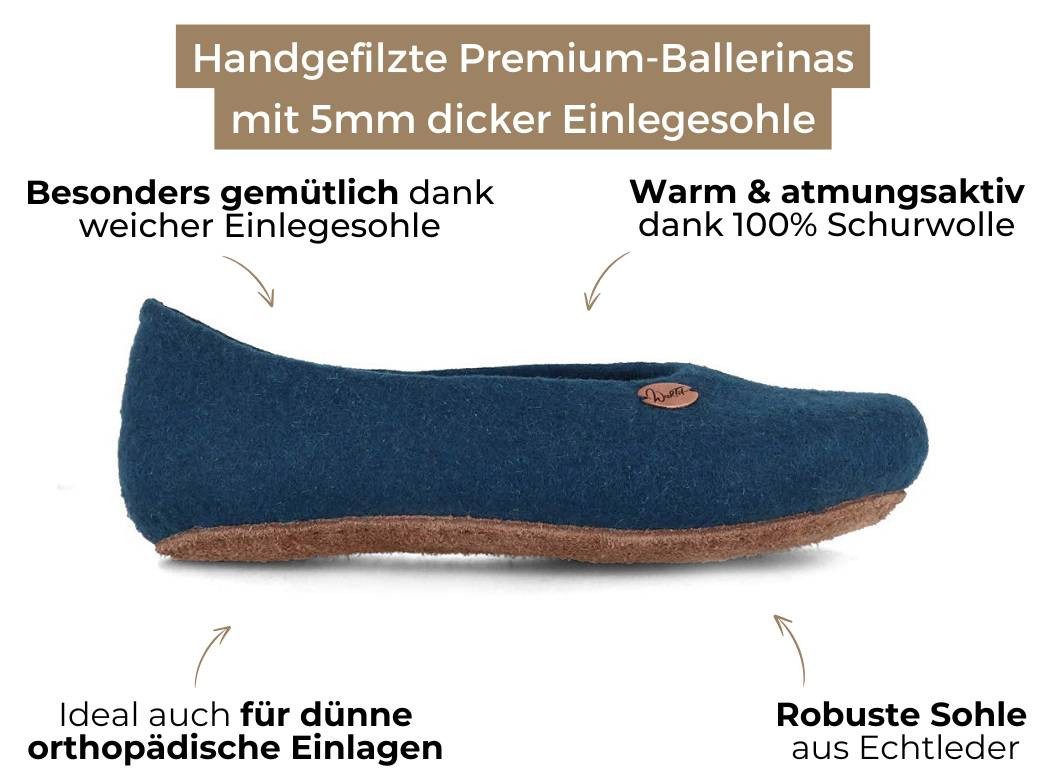 WoolFit handgefilzte Ballerina-Hausschuhe Hausschuh mit vegetabiler Ledersohle