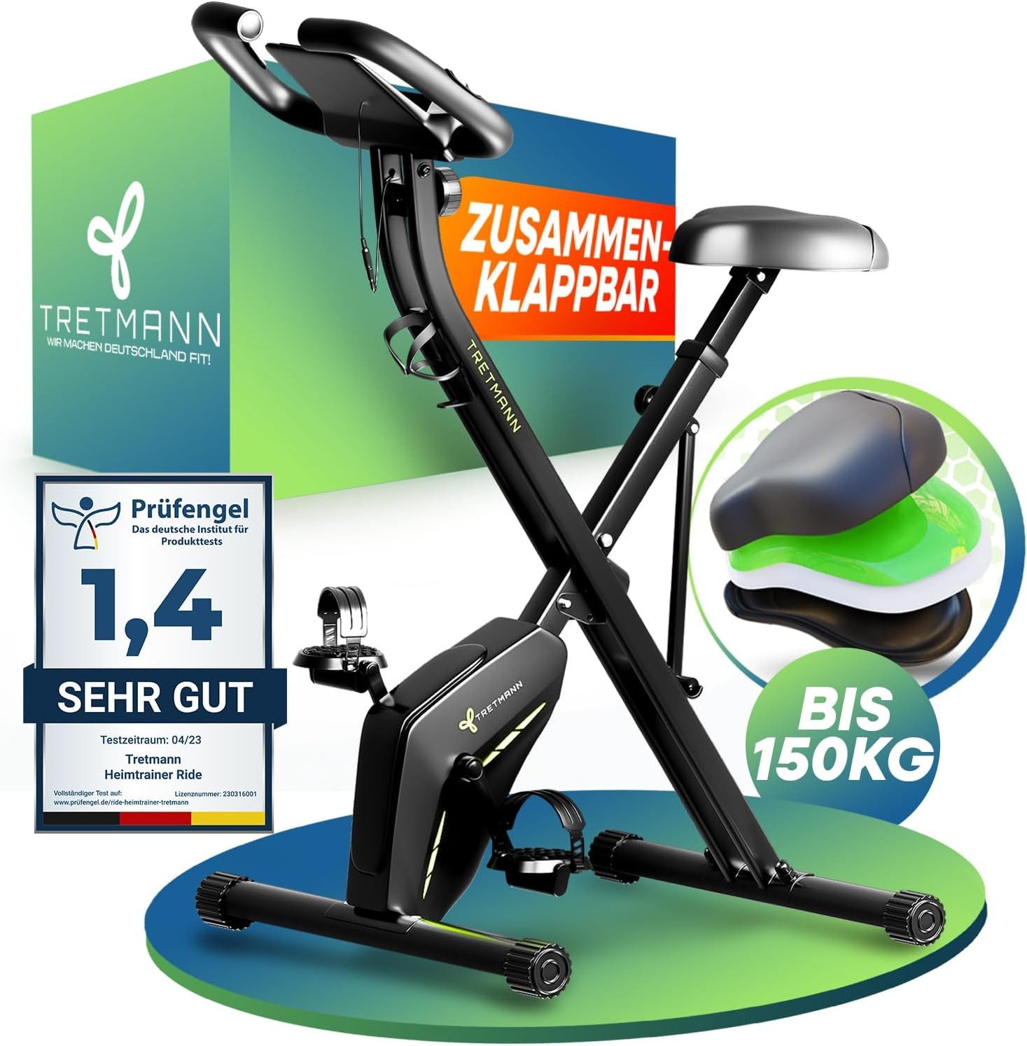 Tretmann Heimtrainer Fitnessbike - Hometrainer Fahrrad Klappbar Set-extra bequem & leise (Relax Sattel bis 150KG Belastbar, Heimtrainer Fahrrad, Heimtrainer Senioren, Indoor Bike, Fitnessbikes), 16 Widerstandsstufen - Gelenkschonend - DEKRA-geprüft