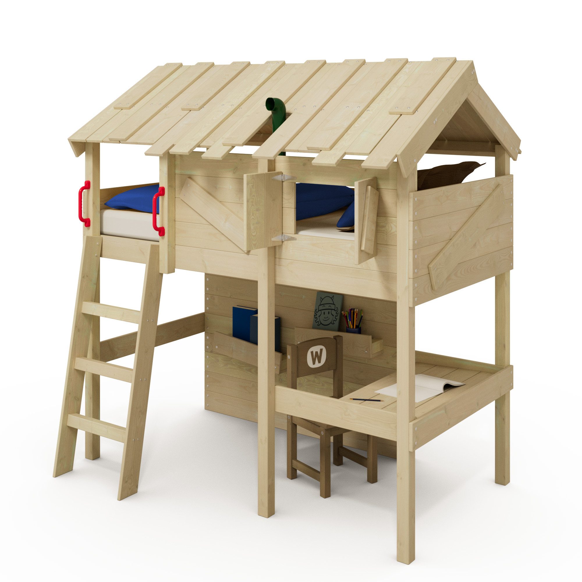 Wickey Kinderbett CrAzY Island Massivholz Spielbett mit Leiter, Regal & Periskop (Set, Multifunktionales Bett mit Lernbereich und Stauraum), Hochbett mit integriertem Schreibtisch 90x200 cm
