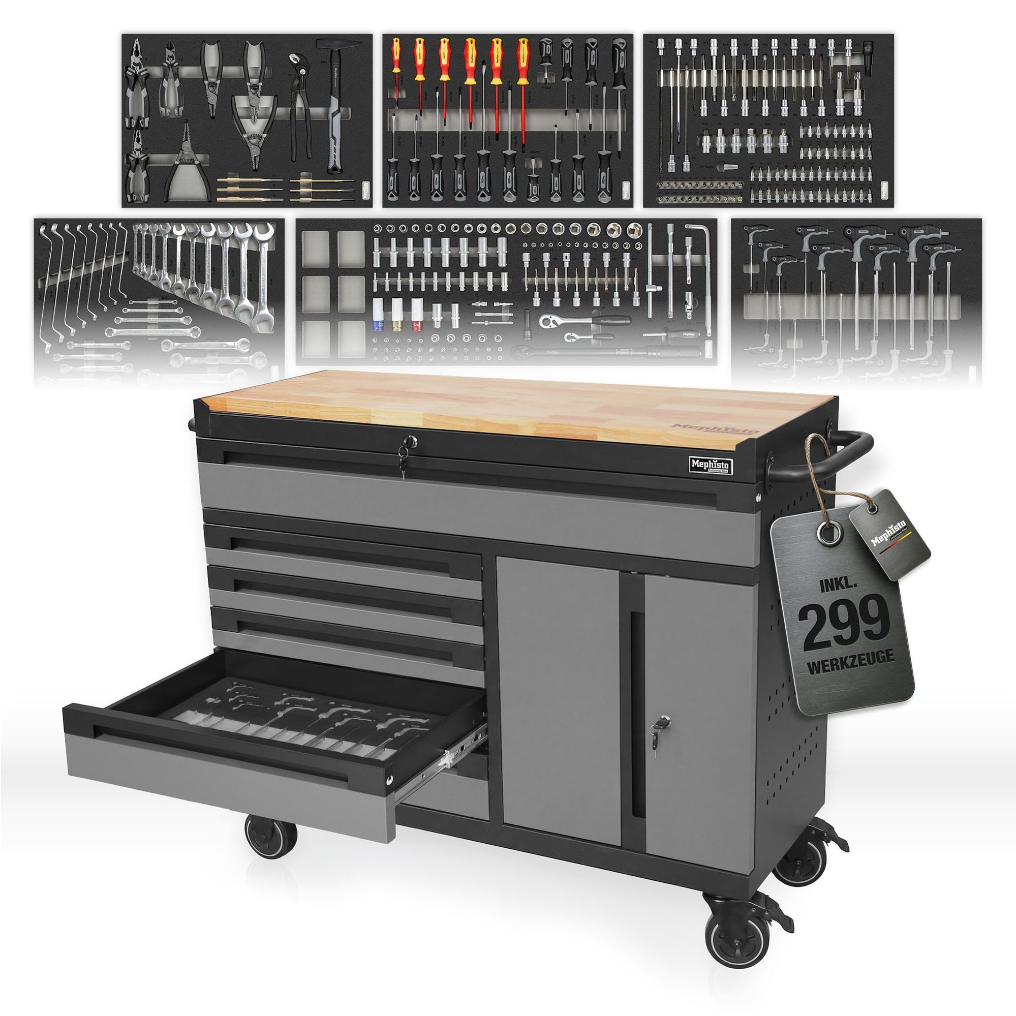 Mephisto-Tools Werkzeugwagen, (fertig montiert und bestückt), 6 Schubladen bis zu 40 kg belastbar & 1 Doppeltür, 4 Schlüssel inkl.