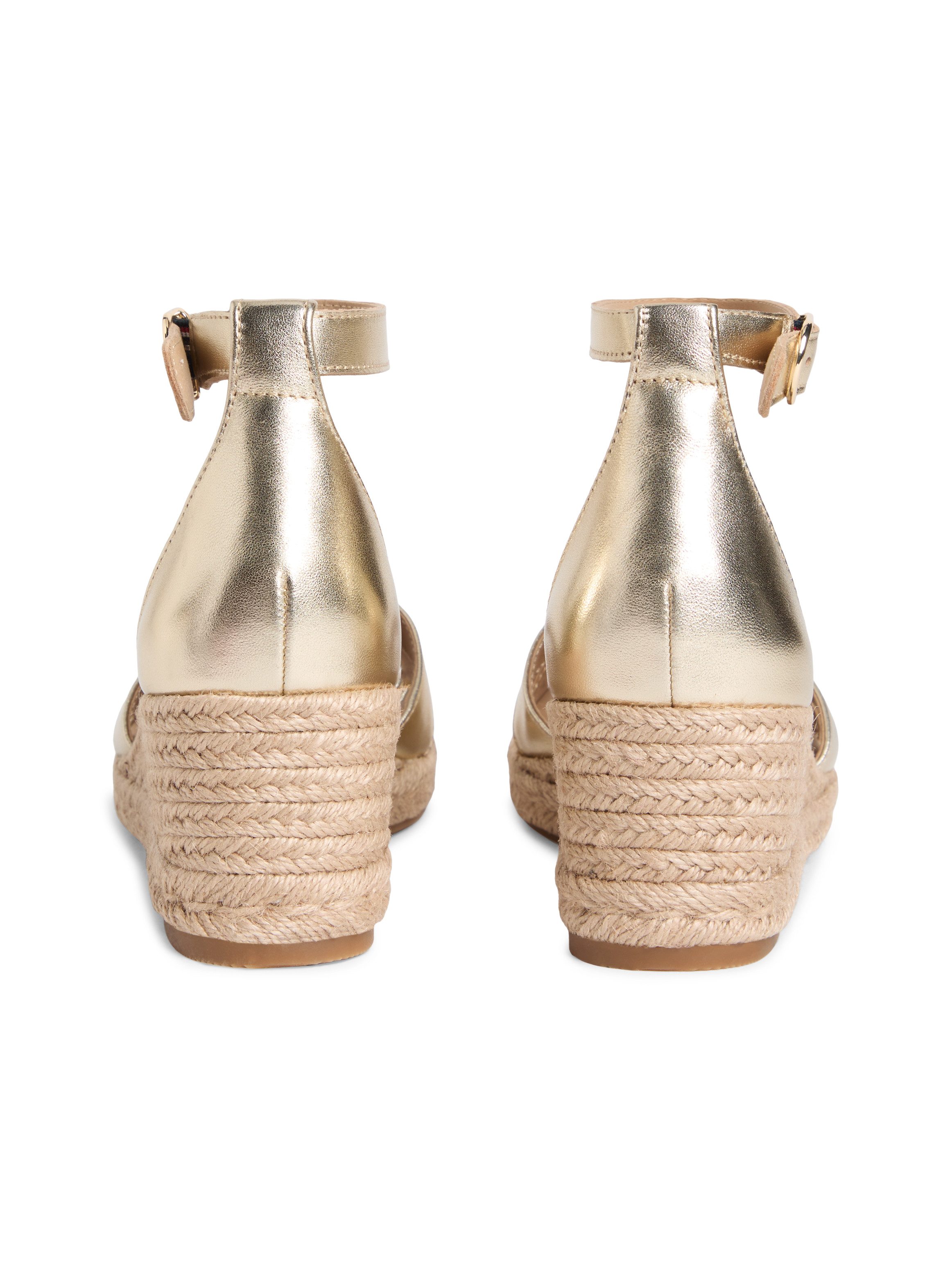 Tommy Hilfiger MID WEDGE ESPAD X CROSS GOLD Keilsandalette Sommerschuh, Riemchensandale mit modischer Kreuzbandage - schmale Form