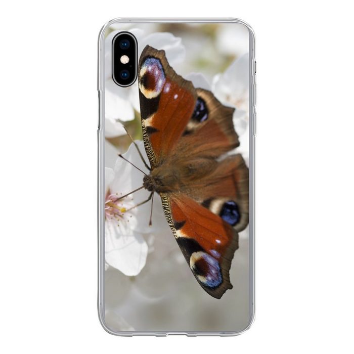 MuchoWow Handyhülle Tagpfauenauge Schmetterling auf Kirschblüte Handyhülle Apple iPhone Xs Max Smartphone-Bumper Print Handy
