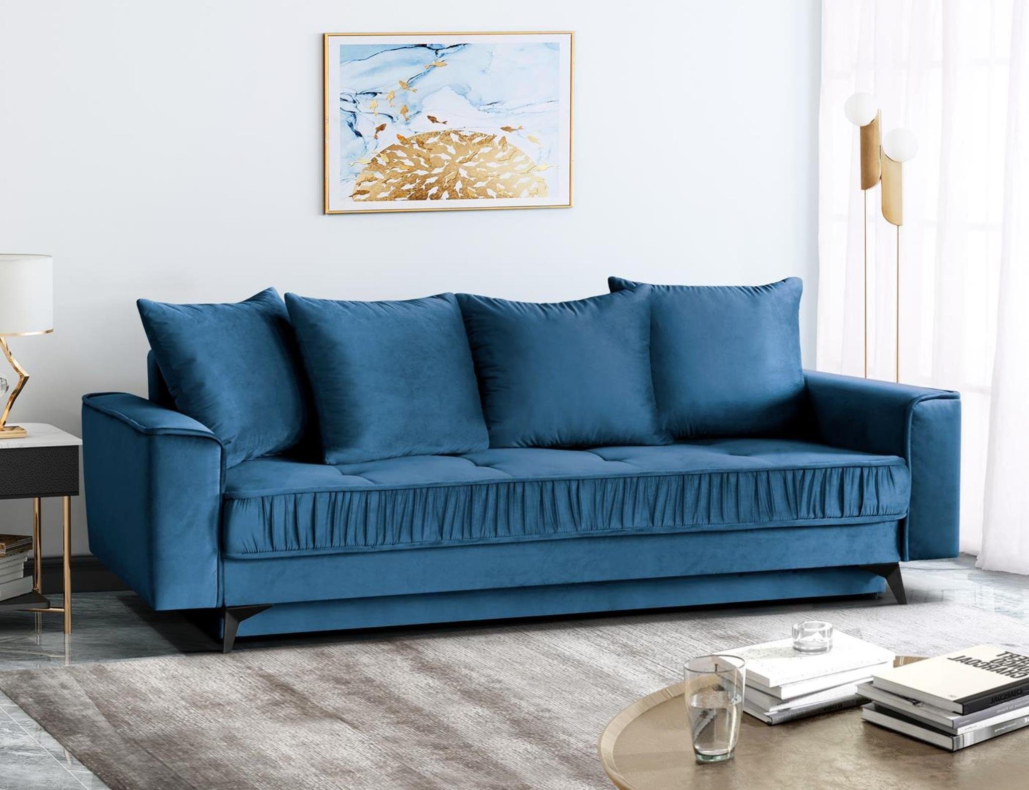 Beautysofa 3-Sitzer Monaco, stilvoll Schlafsofa aus Velours-Bezug, einzigartiges Design, mit Wellenunterfederung, mit Schlaffunktion Blau (valutto 11)