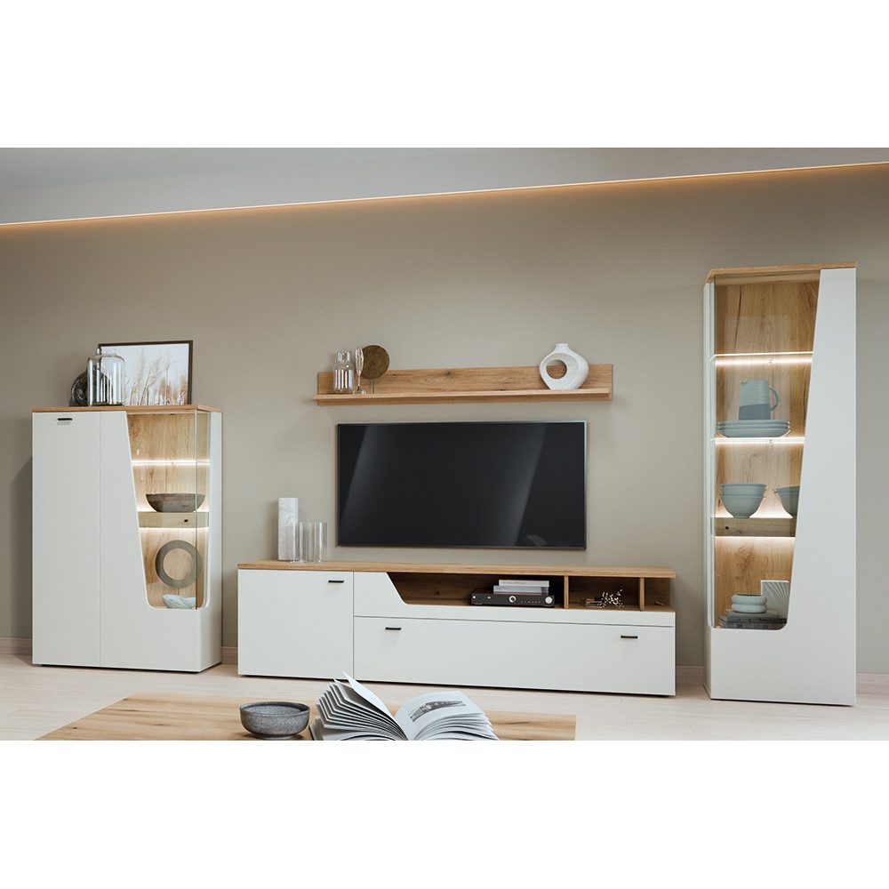 Lomadox Wohnwand CARMONA-129, (4-St., Highboard Lowboard Vitrine Wandregal), in Kaschmir und Eiche, inkl. LED-Beleuchtung