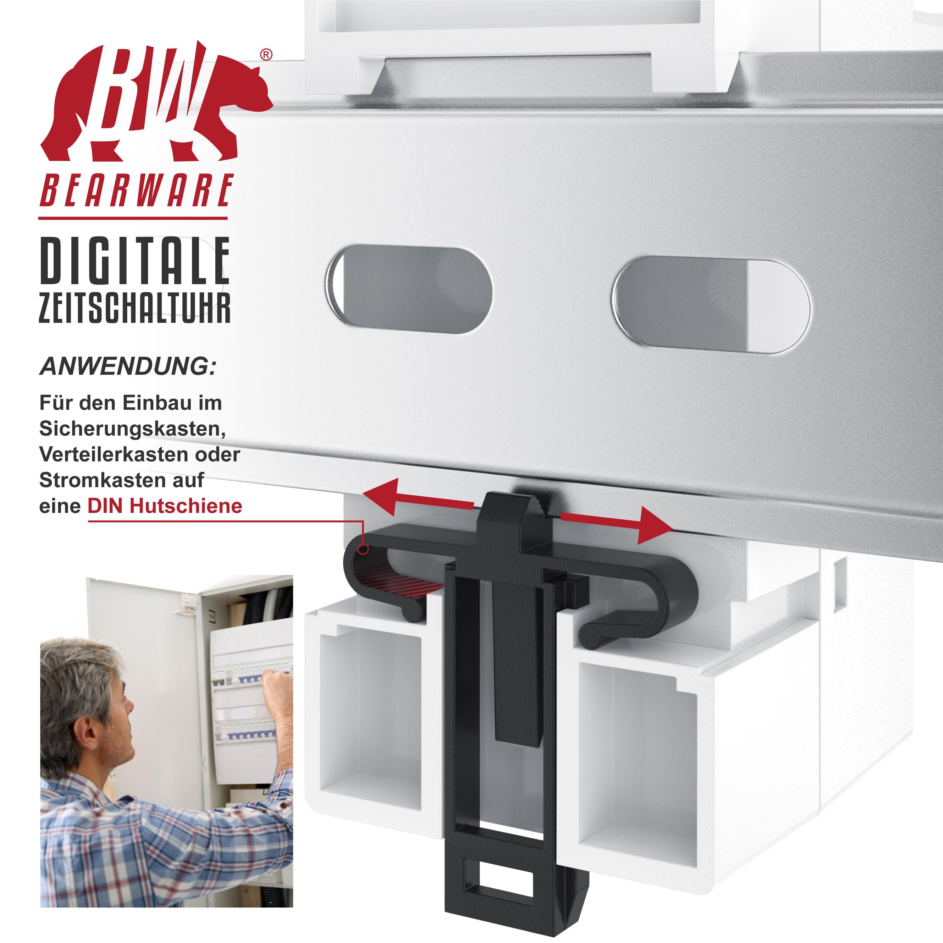 BEARWARE Zeitschaltuhr, für DIN Hutschienen im Verteilerschrank / Schalttafeln, 16A/3680W