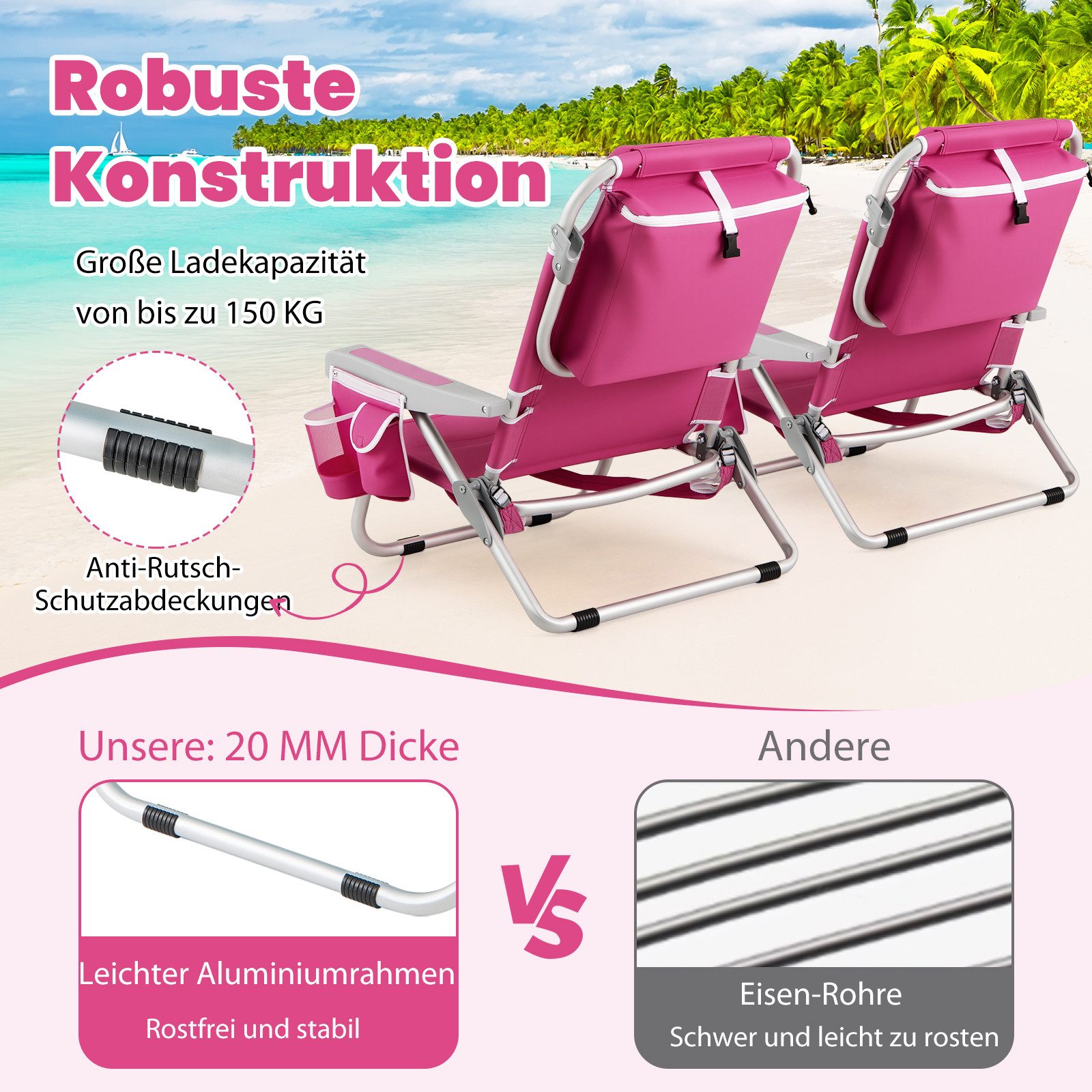 KOMFOTTEU Campingstuhl (2 St), Strandstuhl klappbar, mit verstellbarer Rückenlehne, bis 150kg