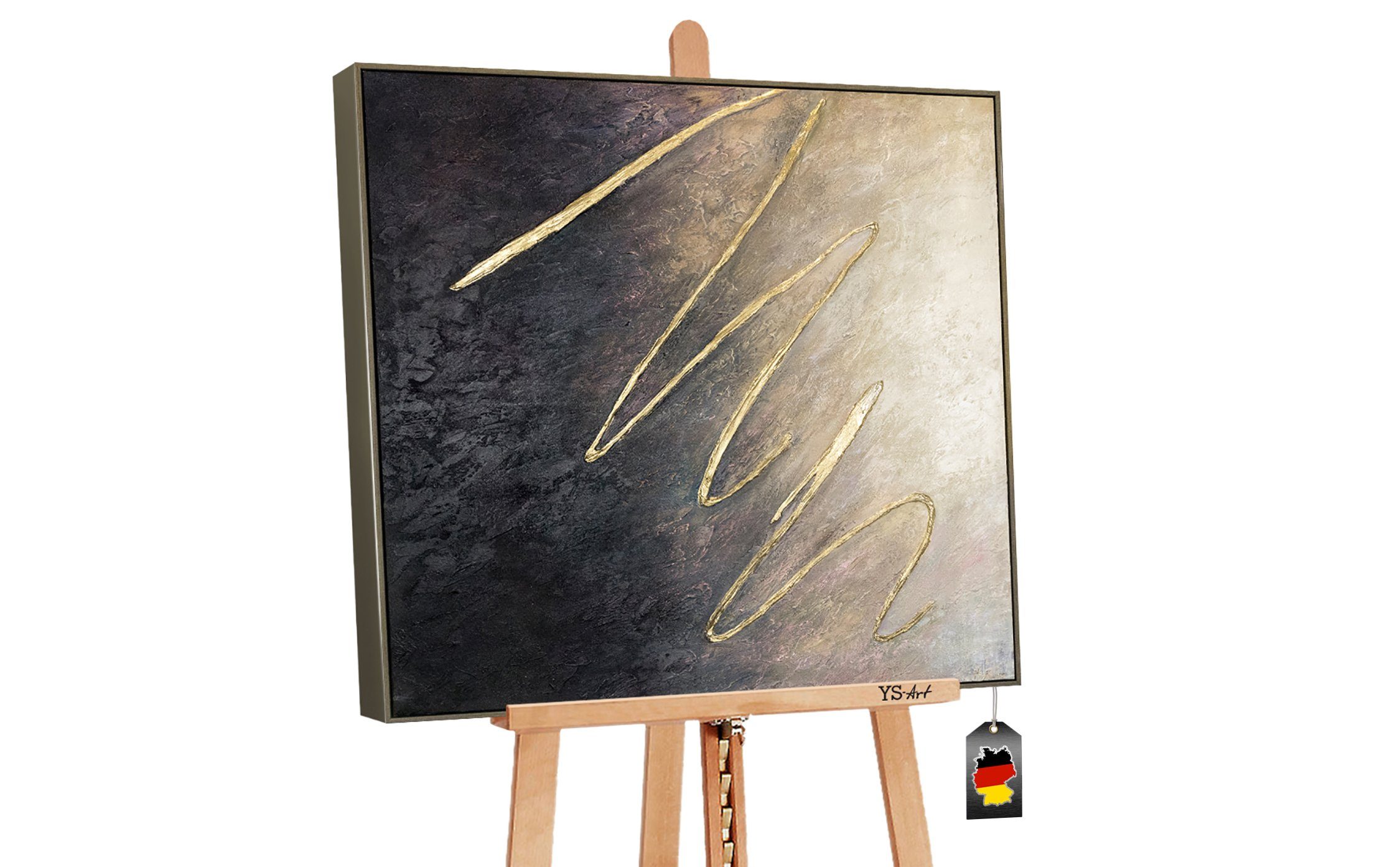 YS-Art Gemälde Zwischen den Sternen, Abstrakt Quadratisch Leinwand Handgemalt Bild Rahmen Gold mit