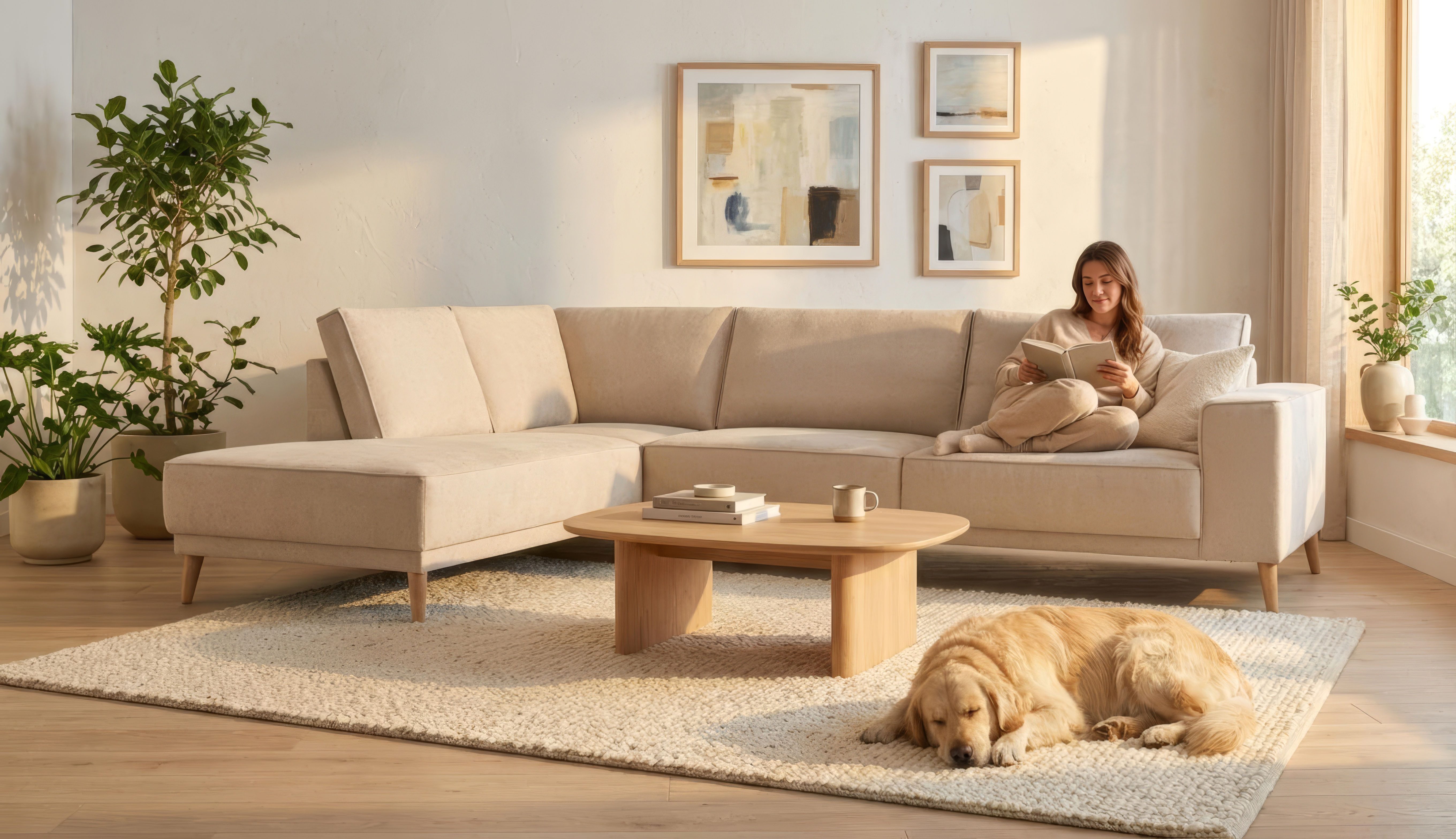 OTTO home Ecksofa Oland Skandi, weicher Chenille-Stoff, L-Form, 289 cm, Wellenunterfederung, Skandi-Design, Massivholzfüße