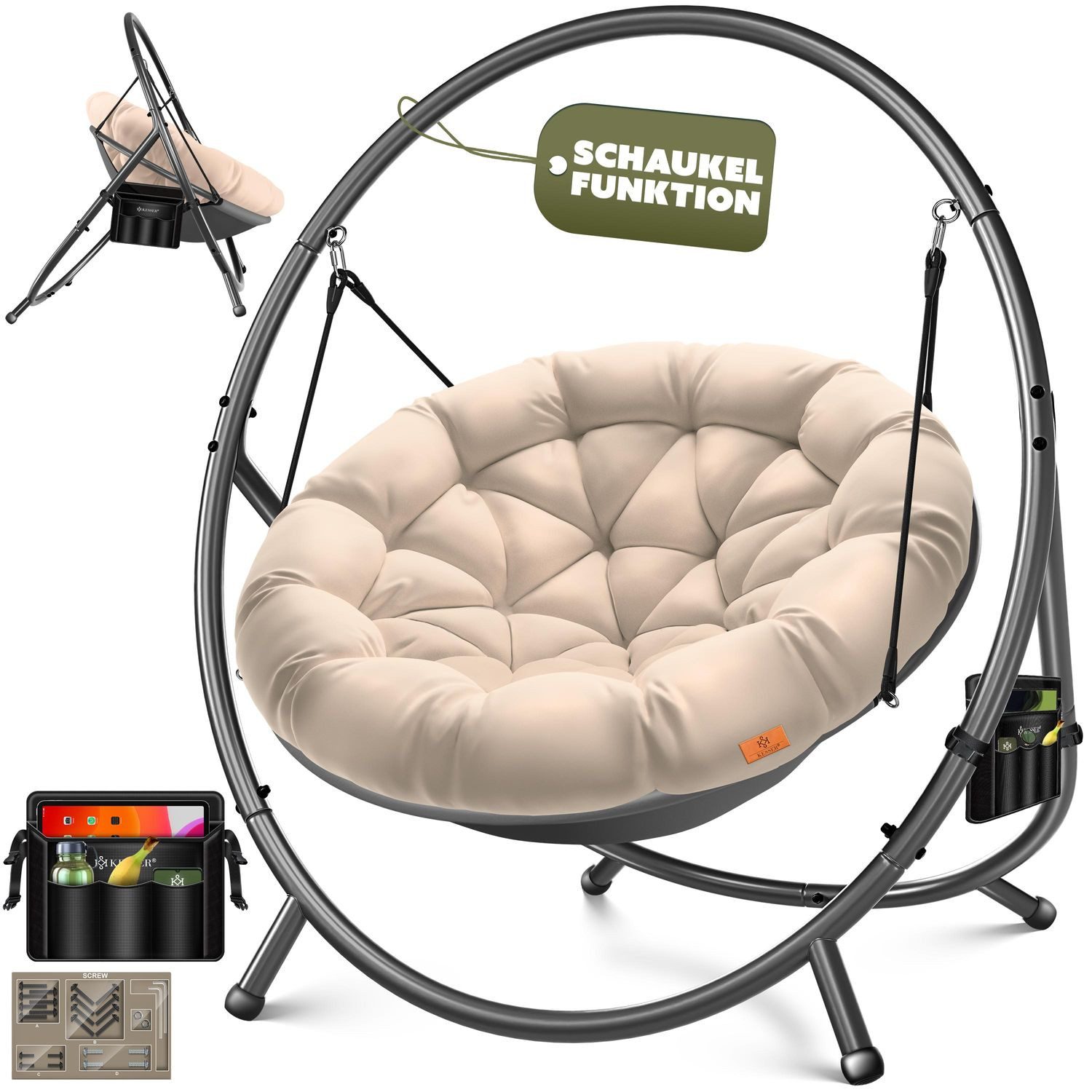 KESSER Hängesessel Bali Hängesessel mit Gestell Hängeschaukel Hängestuhl bis 150kg (mit Wipp Funktion, Kissen & Seitentasche), Hängekorb Stahlgestell Schaumstoff Sitzpolster für Wohnzimmer & Garten