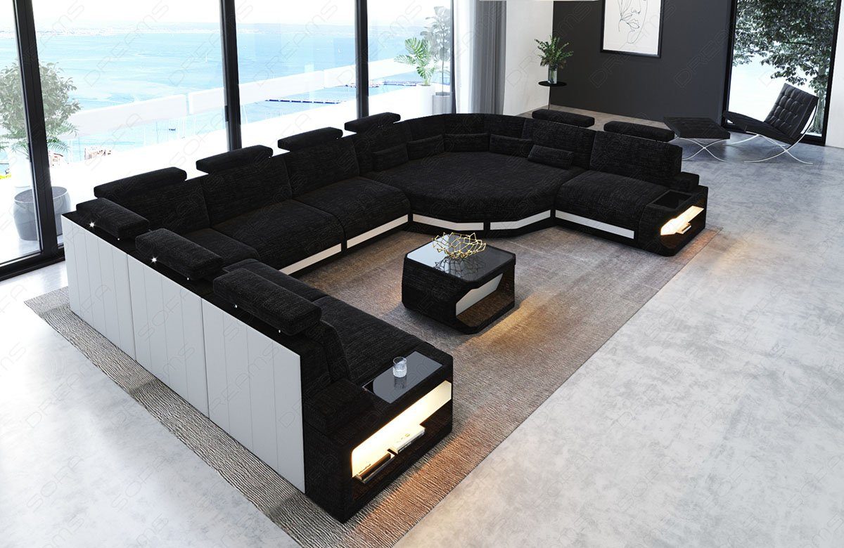 Asti, Couch mit Wohnlandschaft Sofa U Dreams H13 Designersofa USB-Anschluss, Ecke, Stoffsofa Sofa Polster LED, große Form Stoff Dunkelgrau-Weiss