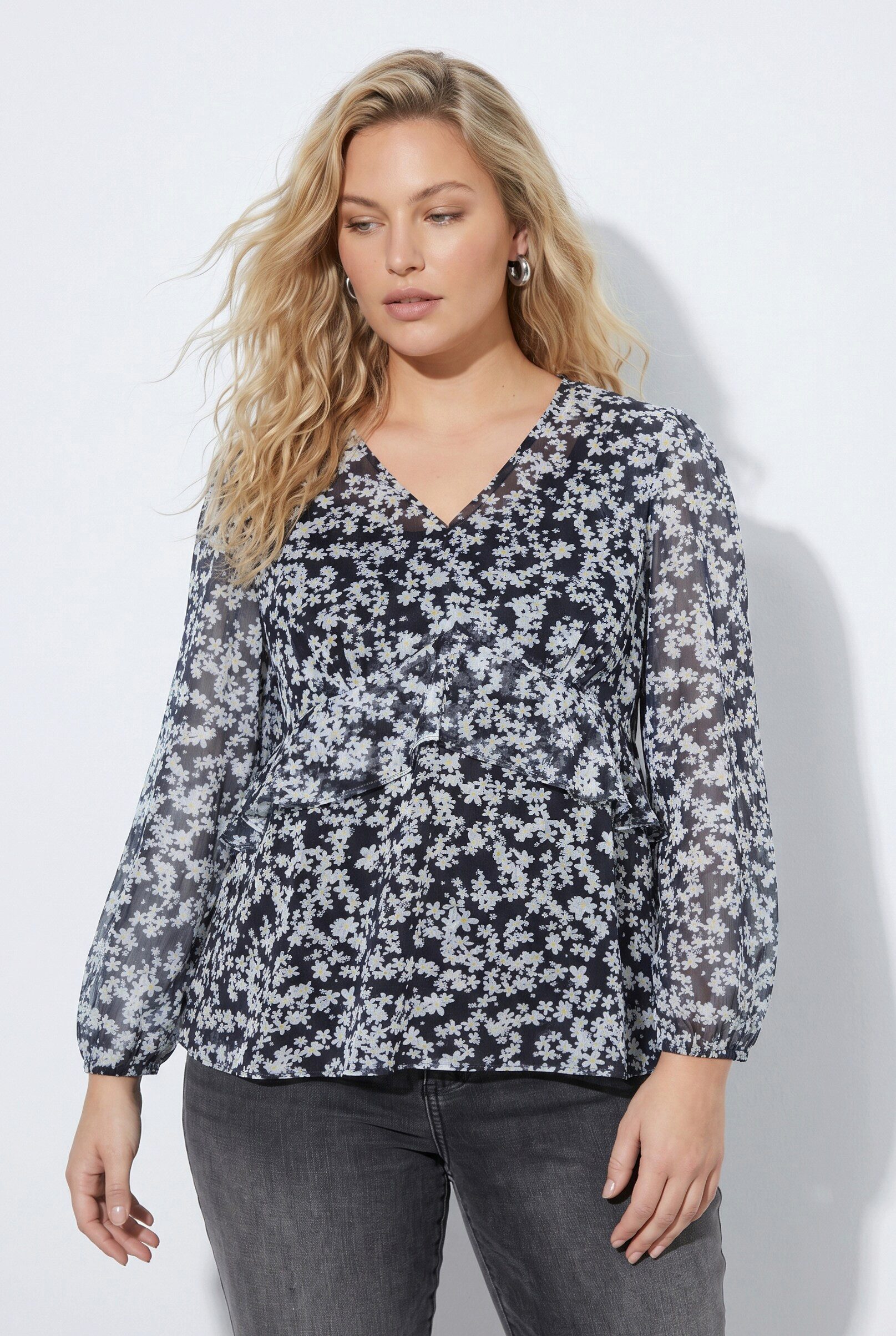 Ulla Popken Longbluse Bluse bequeme Passform Alloverdruck Langarm