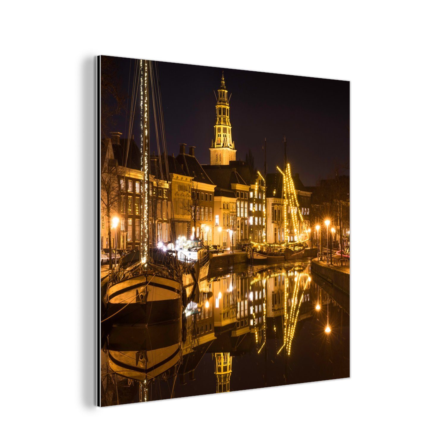 deko Nacht Groningen aus - Aluminium MuchoWow Gemälde Metallbild - Alu-Dibond-Druck, Metall, Lichter, (1 St),