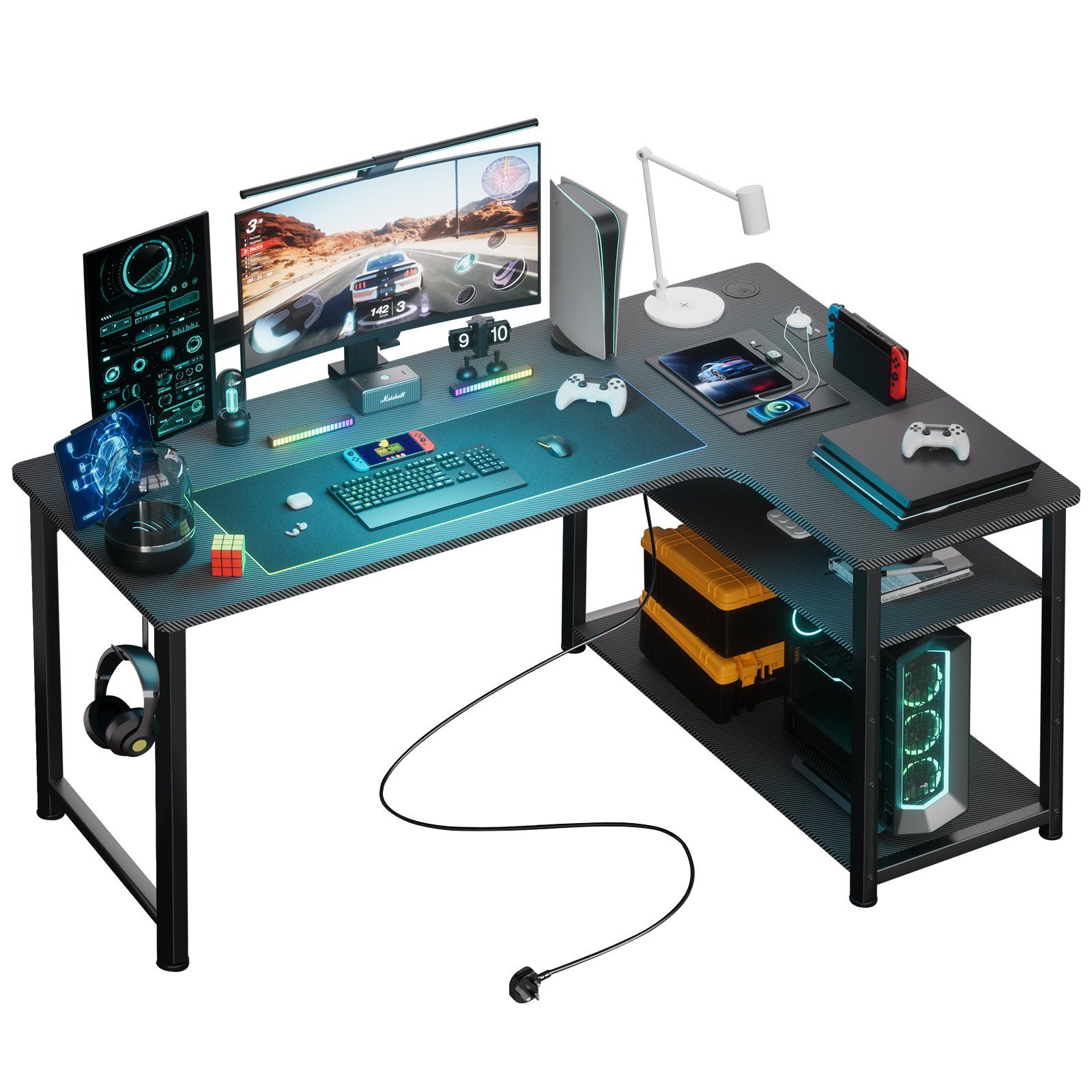 Schreibtisch Gaming Tisch Eckschreibtisch mit Regal USB-Ladeanschluss und Steckdose