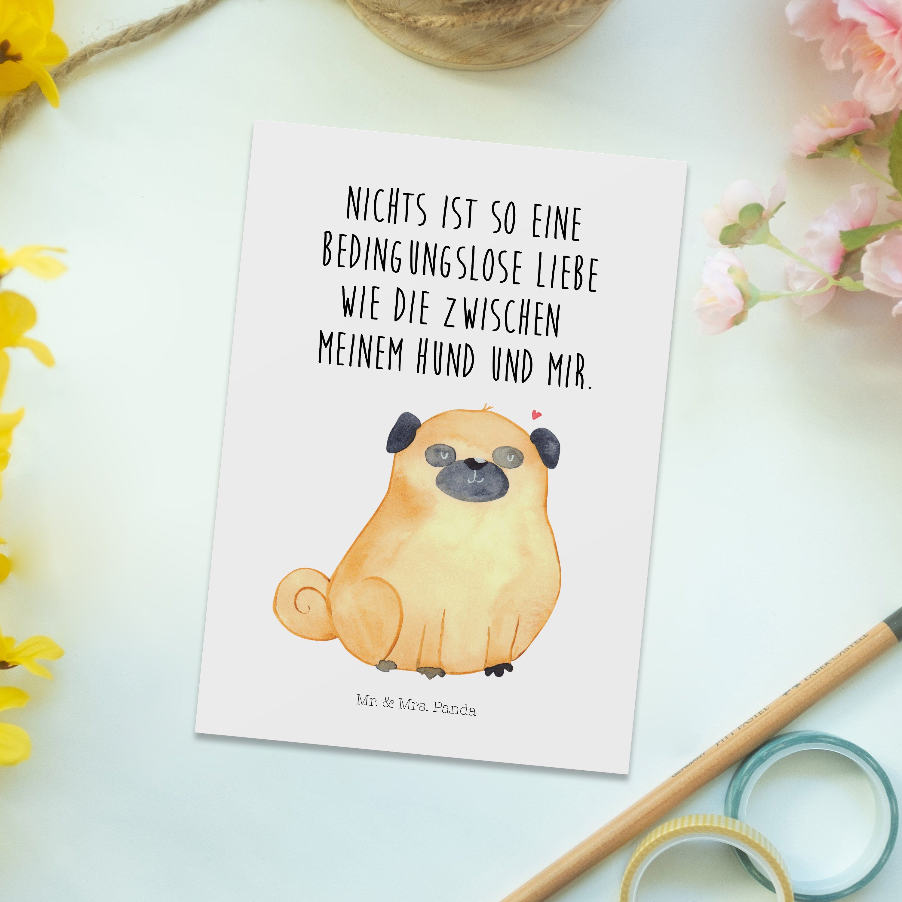 Mr. & Mrs. Hundeliebe, Postkarte Hundebesitzer, Panda Einlad - - Vierbeiner, Weiß Geschenk, Mops
