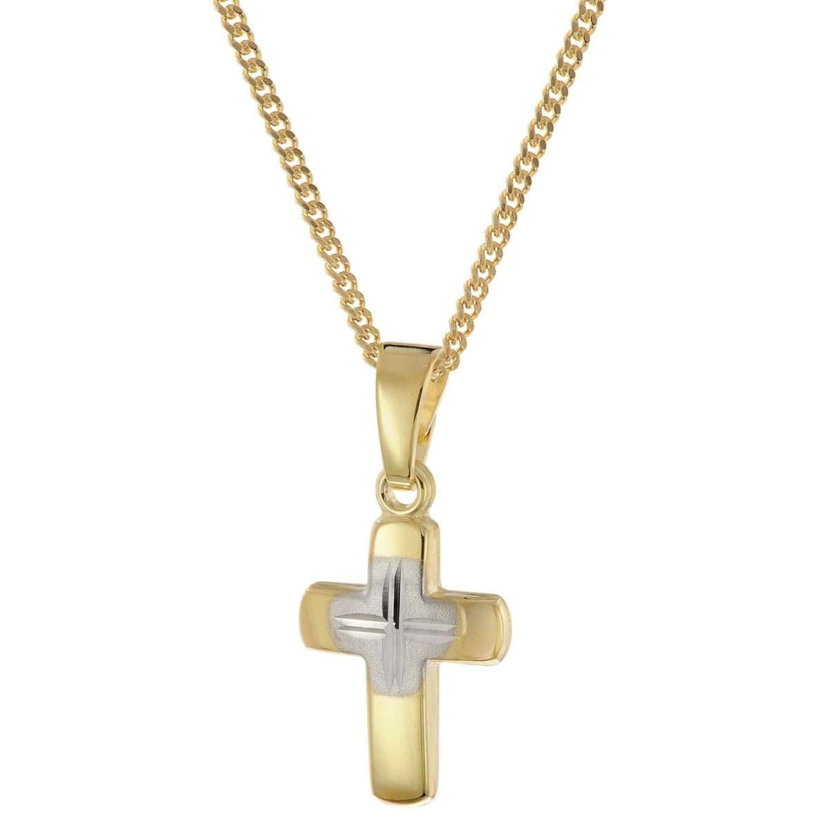 trendor Kreuzkette 28385, Kreuz für Kinder Gold 585/14K Bicolor + Vergoldete Silberkette