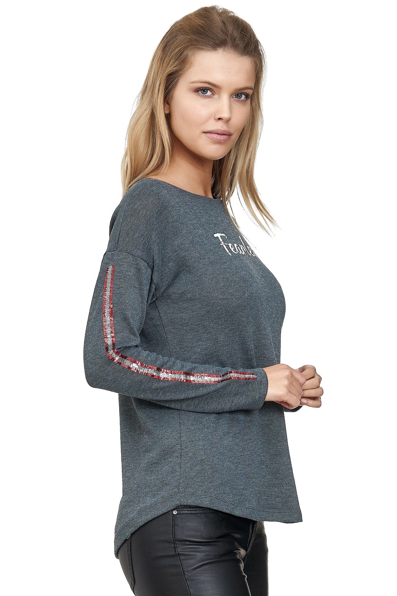 mit seitlichem Decay grau Langarmshirt Pailletten-Design