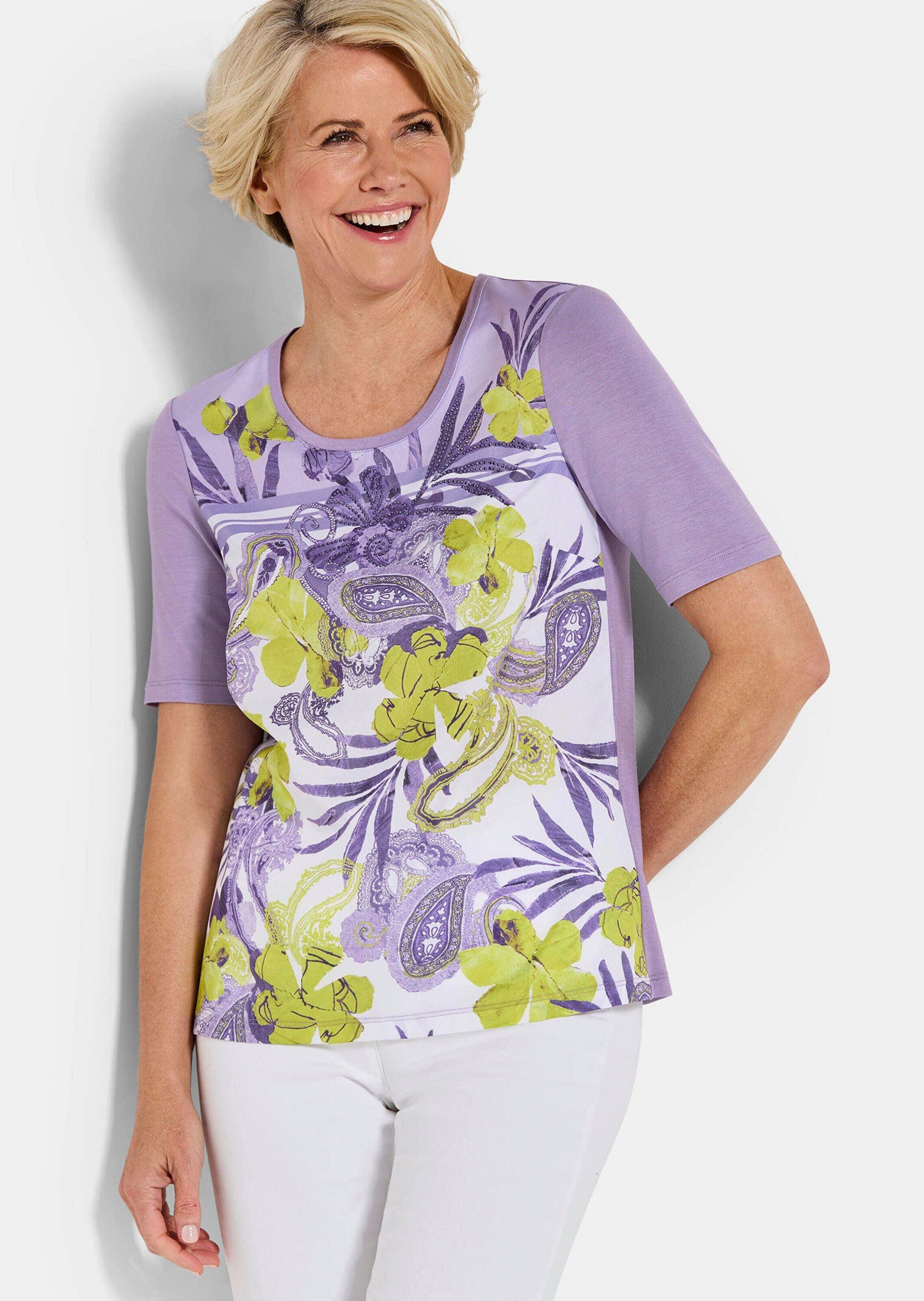 GOLDNER Shirtbluse Kurzgröße: Glanzshirt mit floralem Paisley-Muster Schlupfbluse mit Rundhals, Glitzersteinen und Halbarm