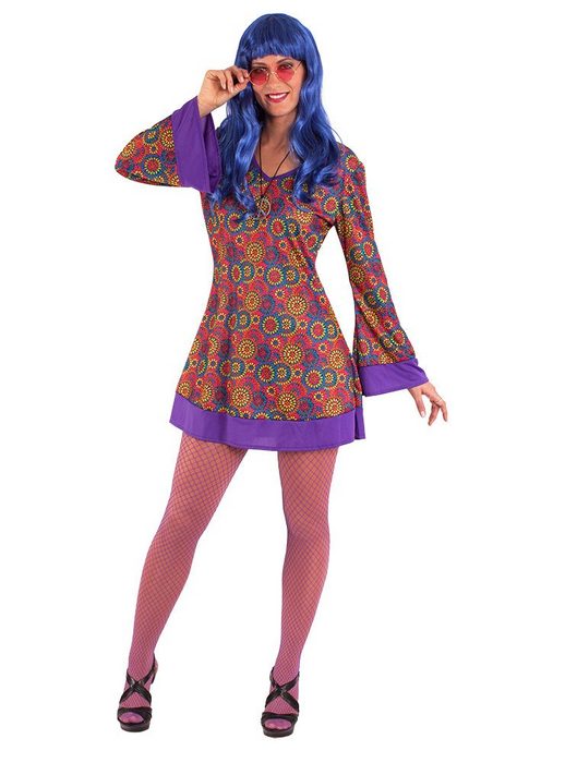 Karneval-Klamotten Hippie-Kostüm Damenkostüm Woodstock 60er Jahre Kleid lila-bunt V-Ausschnitt mit Haarband