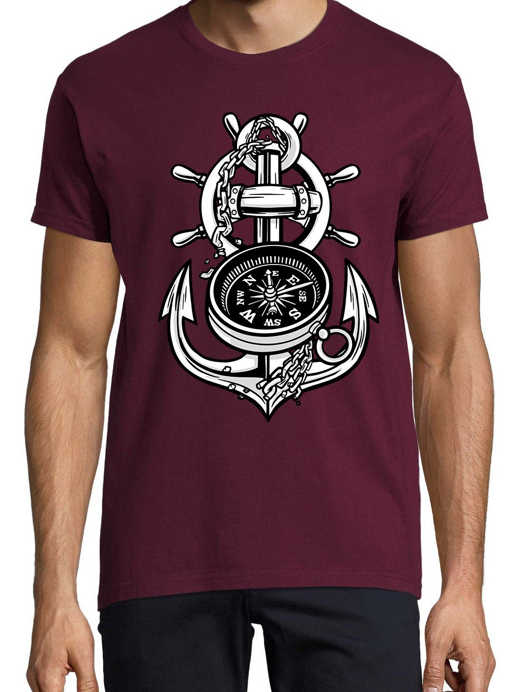 Frontprint Anker Shirt Designz Kompass trendigem Youth T-Shirt mit Herren Burgund