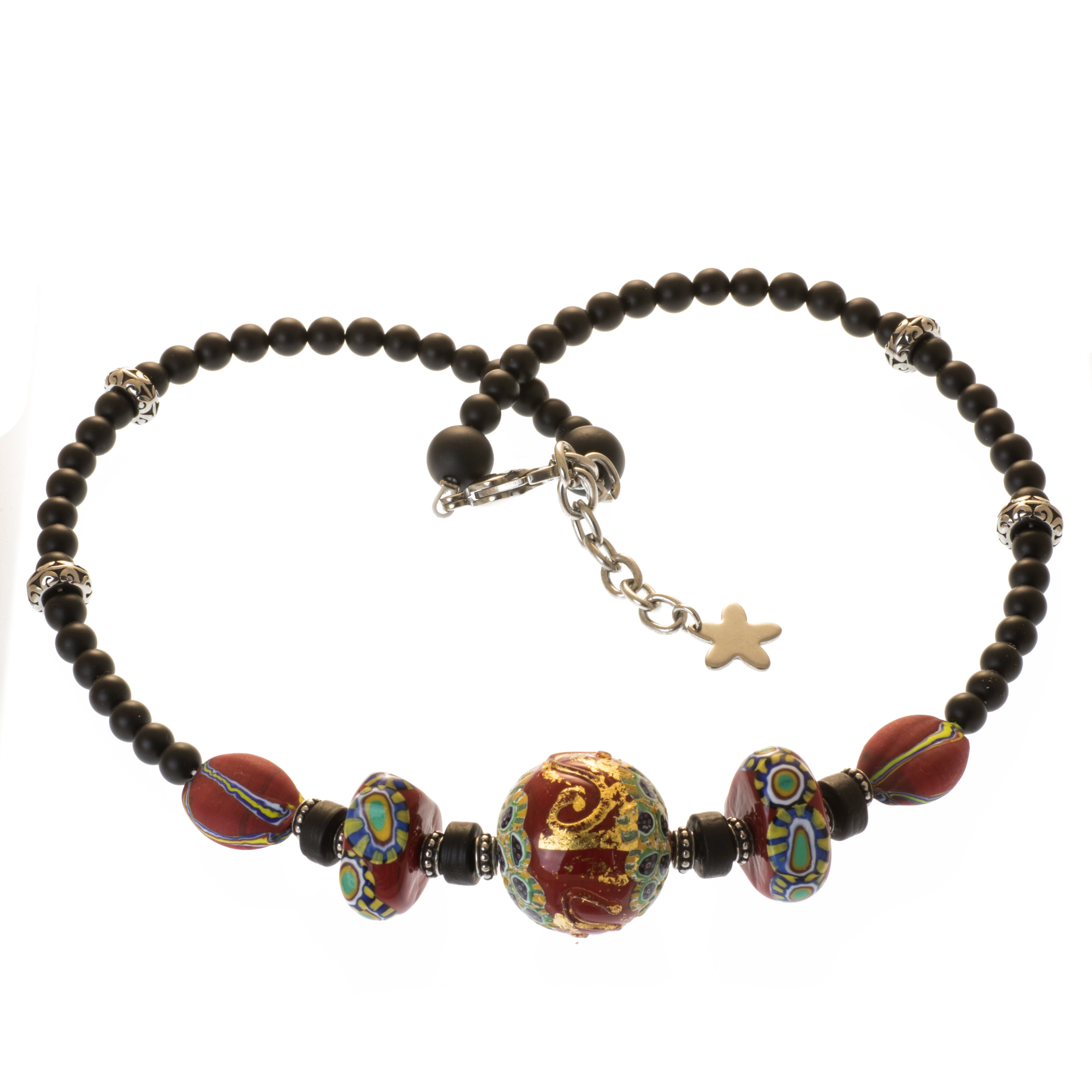 Perlenkette Kette mit Murano Glas Mosaik Perlen rot und Achat schwarz
