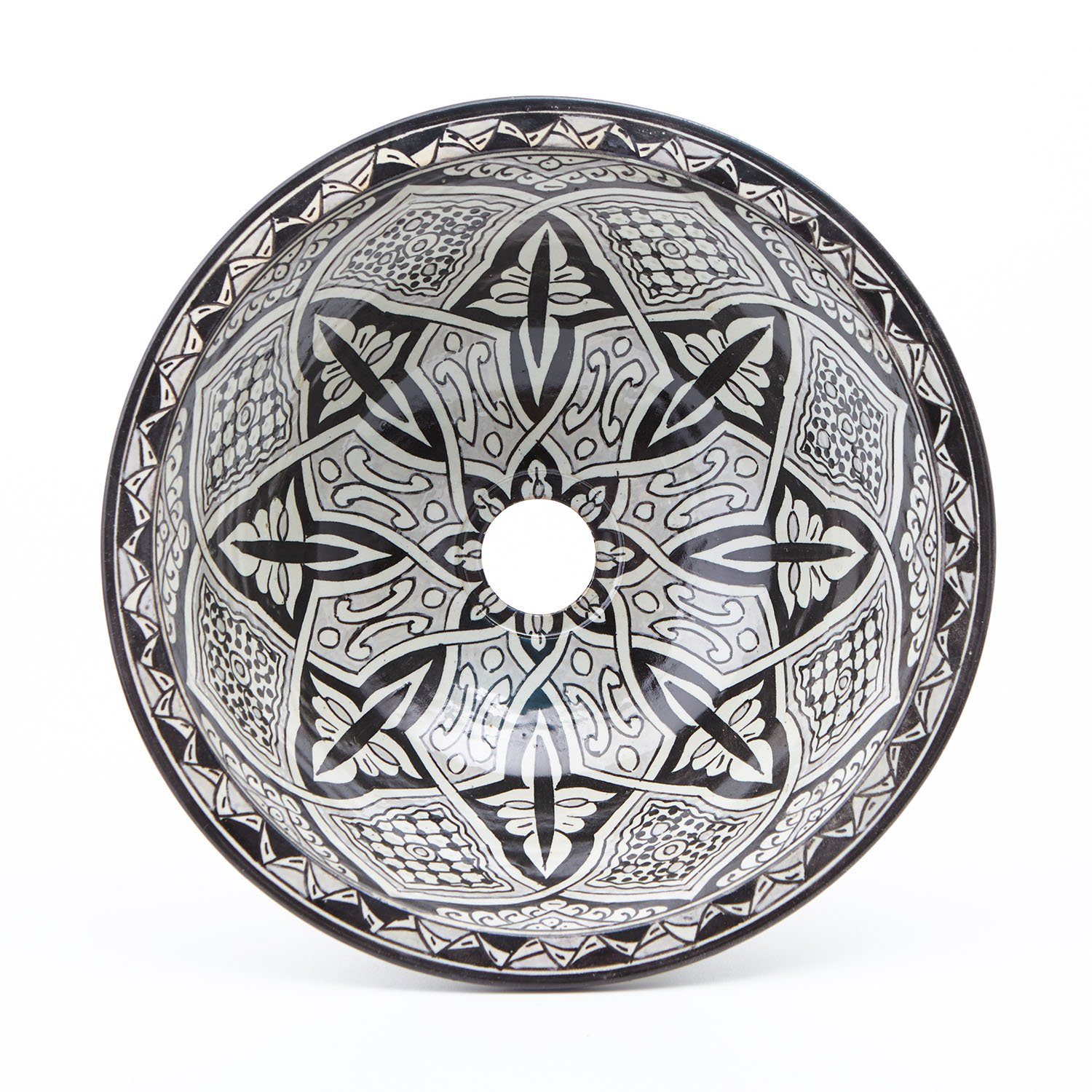 Casa Moro Waschbecken Orientalisches Keramik-Waschbecken Fes76 Ø 35cm in schwarz grau weiß (Kunsthandwerk aus Marokko), Handwaschbecken rund, WB35276