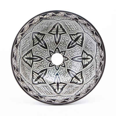Casa Moro Waschbecken Orientalisches Keramik-Waschbecken Fes76 Ø 35cm in schwarz grau weiß (Kunsthandwerk aus Marokko), Handwaschbecken rund, WB35276