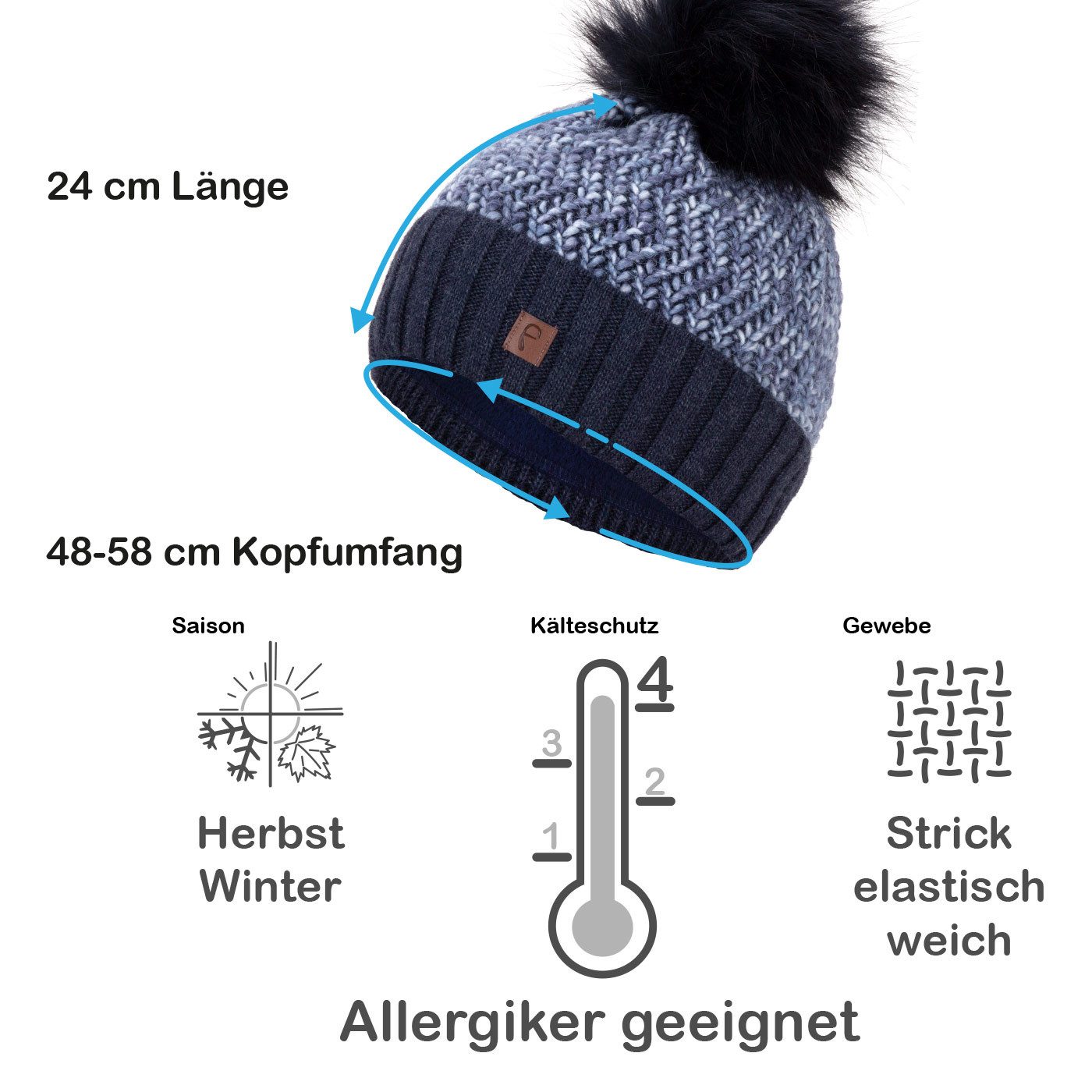 Faera Bommelmütze Wintermütze Damen Herren Mütze Beanie Haube gefüttert Bommelmütze