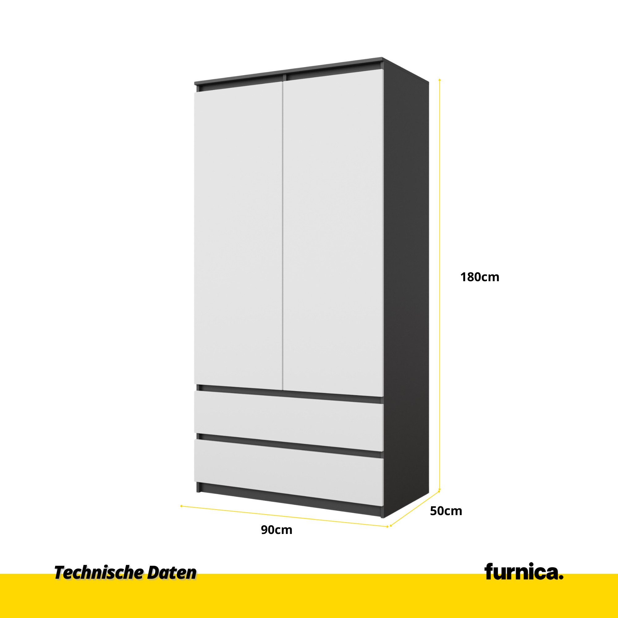 Furnica Kleiderschrank Joelle Anthrazit Grau, 2 Türen und 2 Schubladen H180cm B90cm T50cm