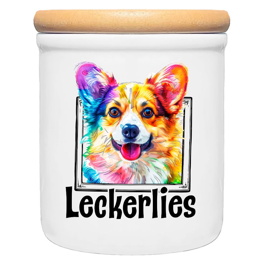 Cadouri Vorratsdose CORGI - Leckerlidose Hund - für Hundekekse, Keramik, (Leckerlidose mit Hunderasse, 2-tlg., 1x Keramikdose mit Holzdeckel), Hundekeksdose, handgefertigt in Deutschland, für Hundebesitzer, 400 ml