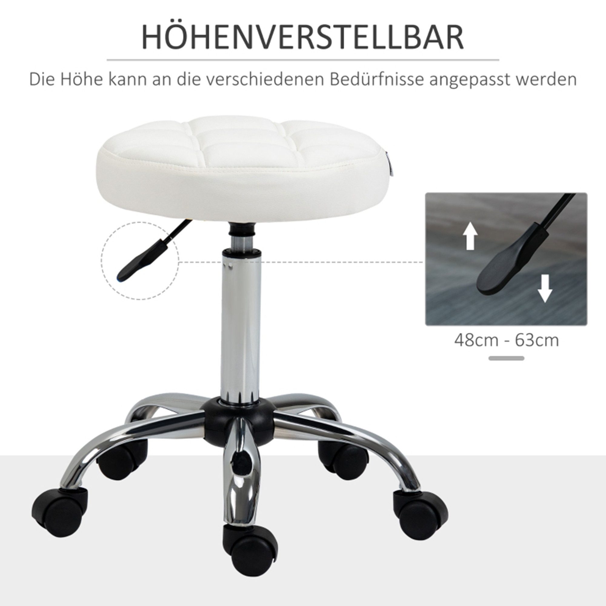 MC Star Arbeitshocker Rollhocker Höhenverstellbarer Drehbarer Arbeitshocker (Kunstleder Weiß Ø35,5 x 51-67 cm)