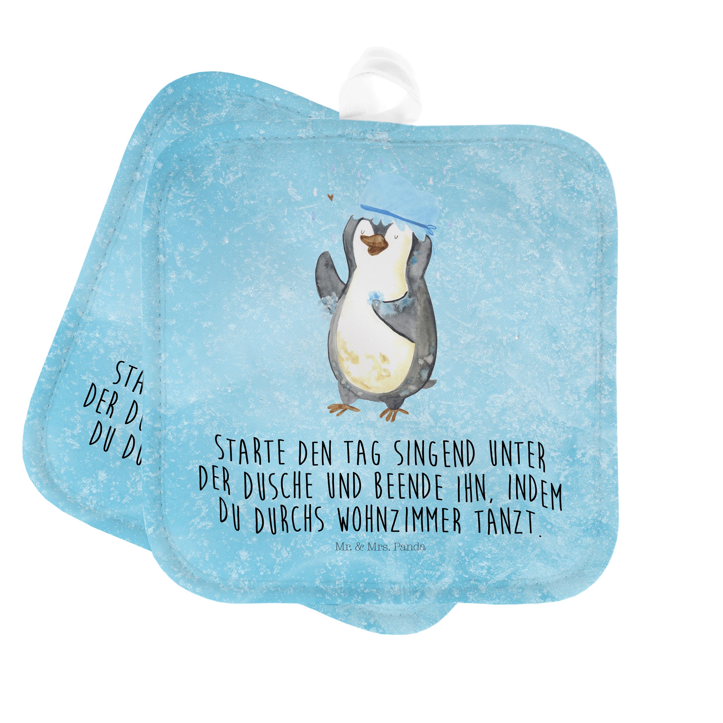 Mr. & Mrs. Panda Topflappen Pinguin duscht - Eisblau - Geschenk, duschen, Neuanfang, baden, Leben, (1-tlg)