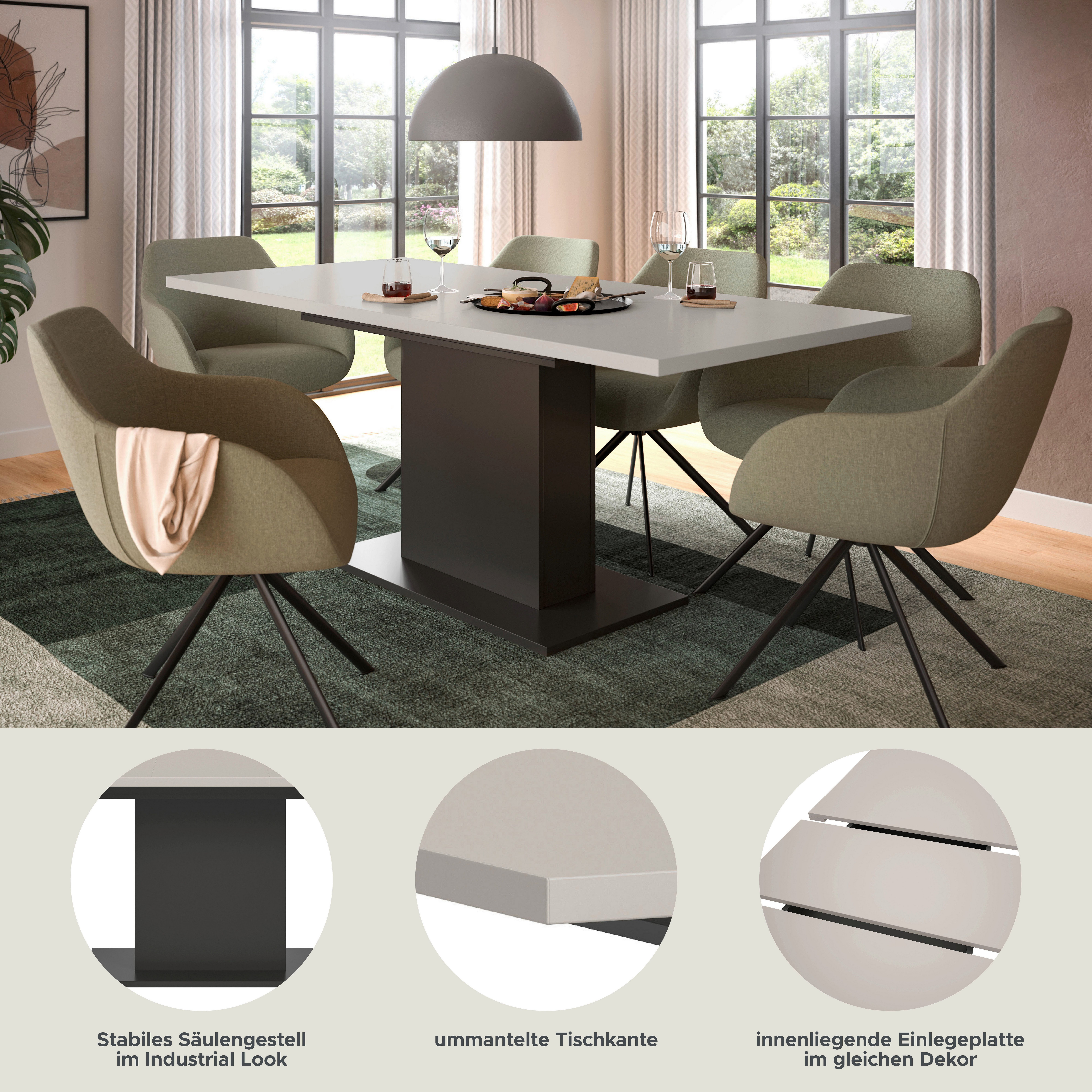 Home affaire Esstisch Motus, ausziehbar 150 -190 cm, inklusive 40 cm Einlegeplatte (Set, 1-St), Säulengestell mit Bodenplatte, Tisch, Küchentisch, Esszimmer, Küche