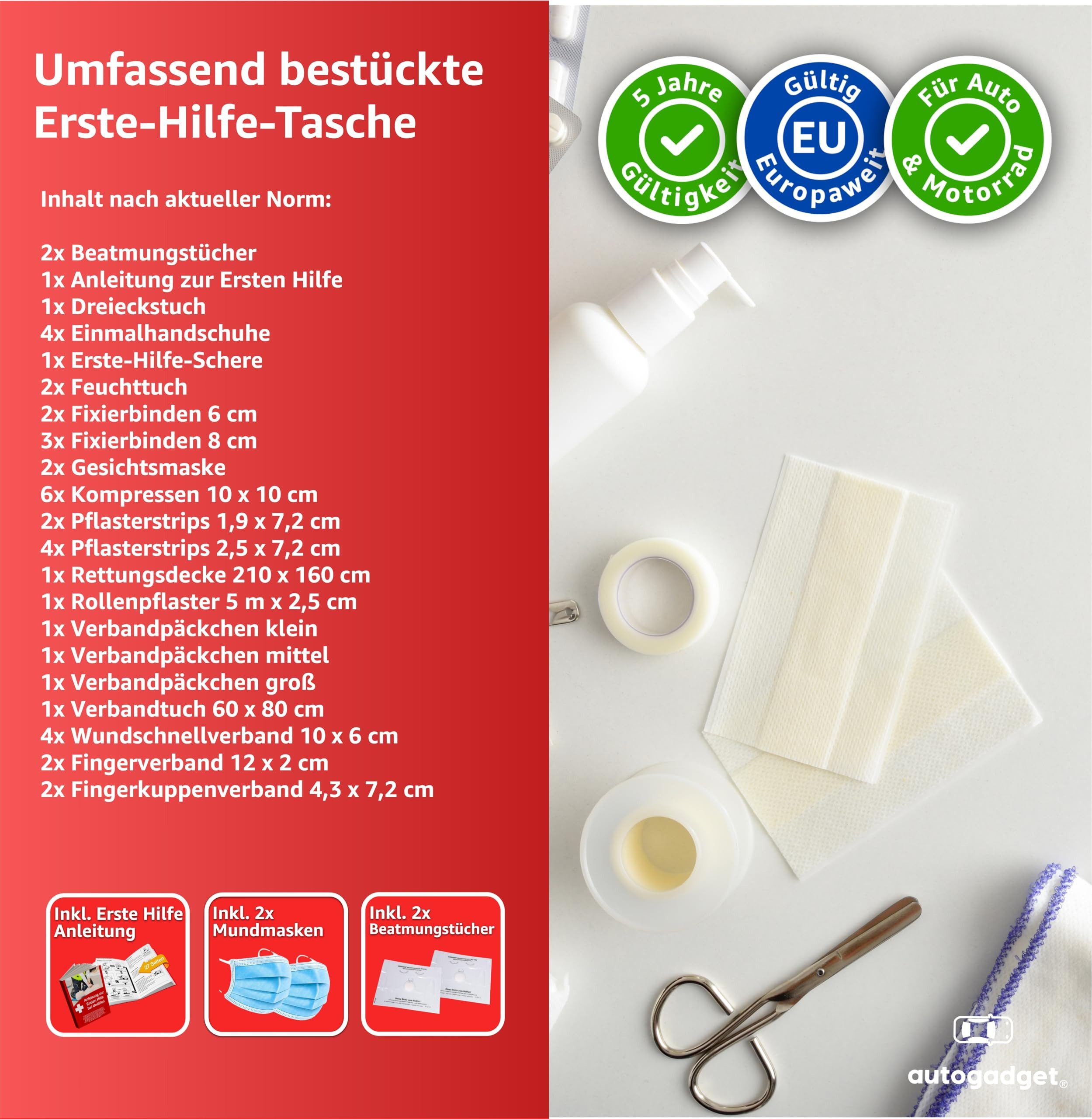 autogadget® KFZ-Verbandtasche Auto Verbandskasten Erste Hilfe - Norm 2026 - DIN 13164 Pflaster, inkl. Anleitungsbuch