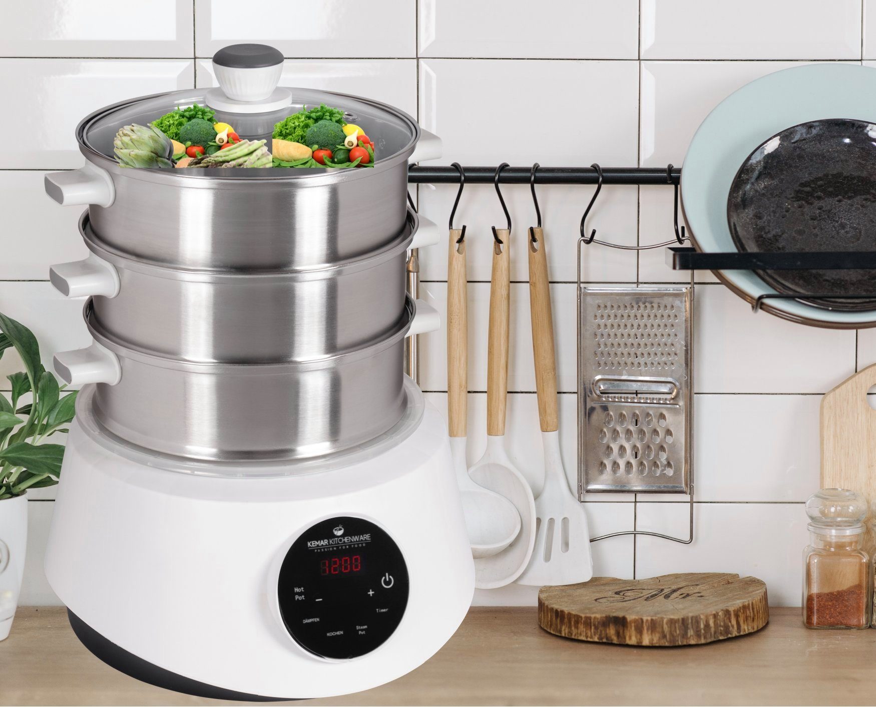 KeMar Kitchenware 4-in-1-Dampfgarer KFS-3000, 1200,00 W, Wassertank aus Edelstahl Dämpfkörbe aus Edelstahl, Glasdeckel