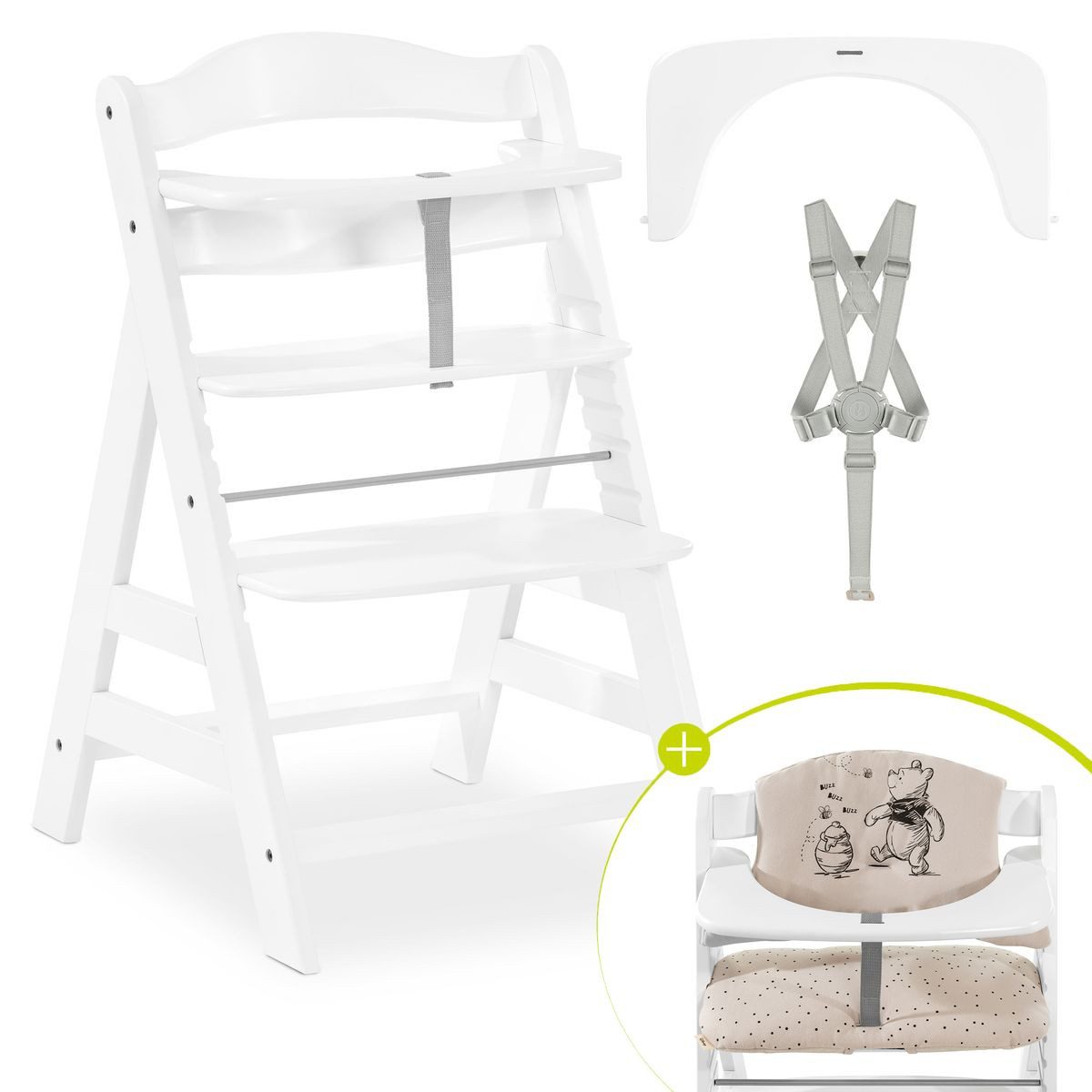 Hauck Hochstuhl Alpha Plus White - Winnie the Pooh Beige, Mitwachsender Holz Baby Kinderhochstuhl mit Sitzauflage - verstellbar