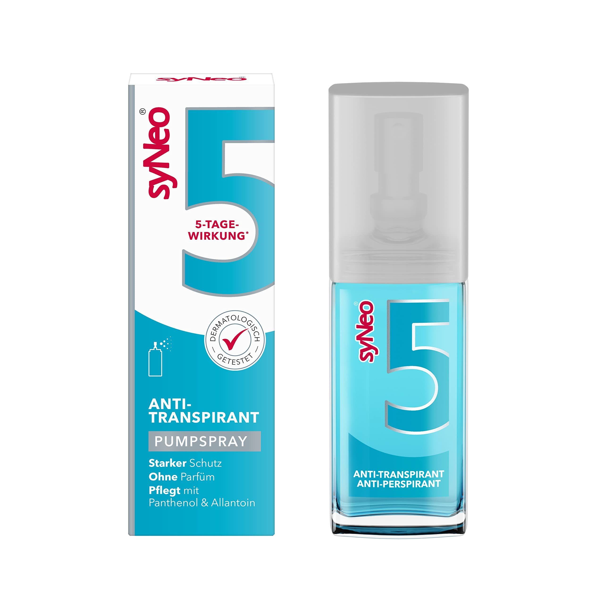 syNeo Deo-Pumpspray syNeo 5 Antitranspirant Spray gegen Schwitzen für Frauen und Männer, 1-tlg., Bis zu 5 Tage Schutz, Dermatologisch getestet, ohne Parfüm