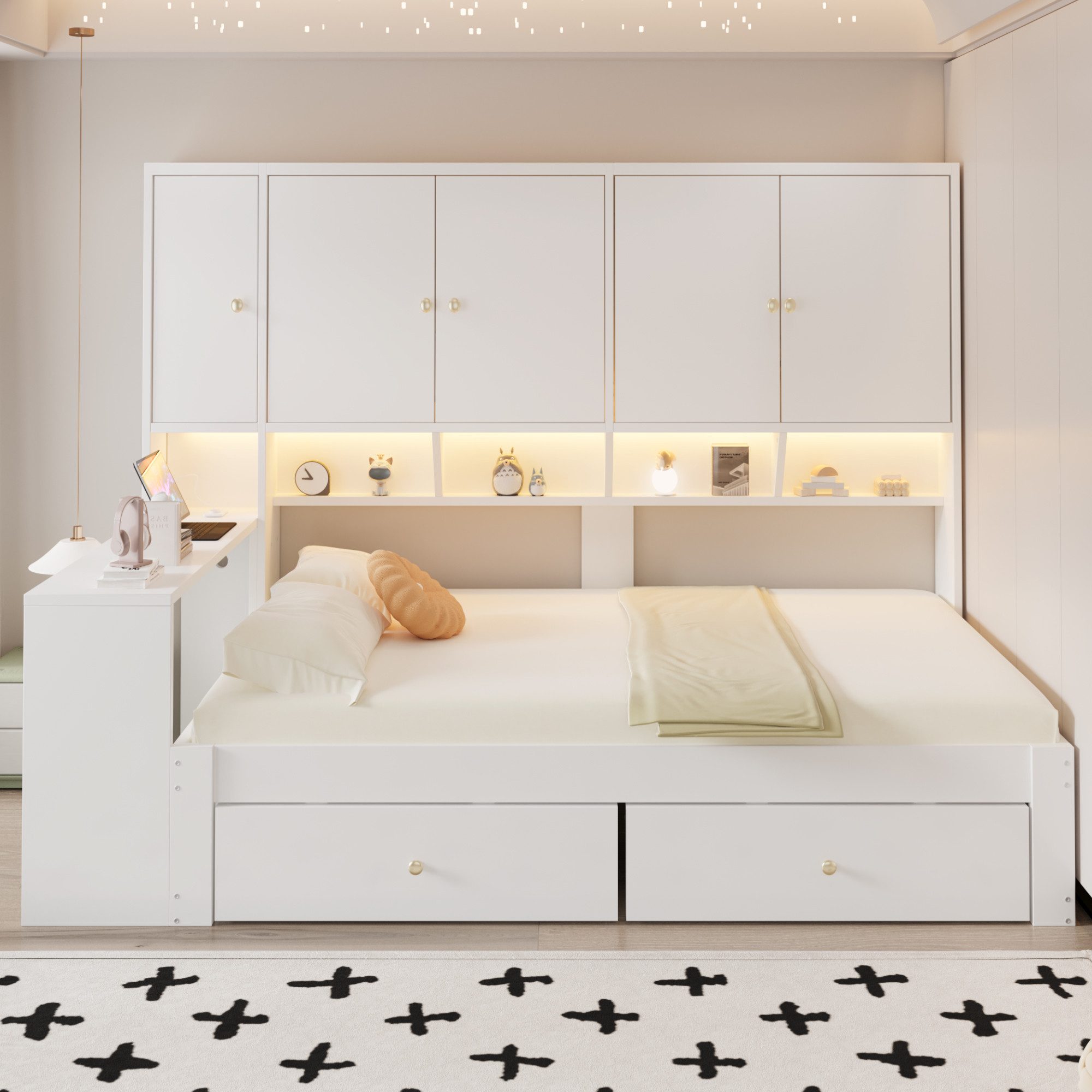 i@home Funktionsbett Multifunktionales Holzbett 90 x 200 cm Einzelbett (LED-Beleuchtung Steckdosen, Schränke, Ablagefächer & Schubladen, 1 …