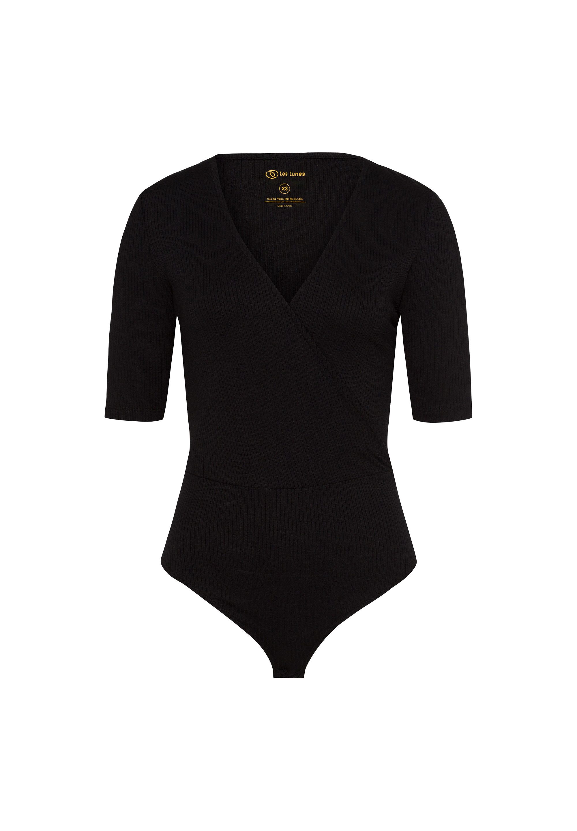 Les Lunes Kurzarmbody Zoey Wickelelement, Ripp-Optik, tiefes Dekolleté, Tangapassform,Druckknöpfe