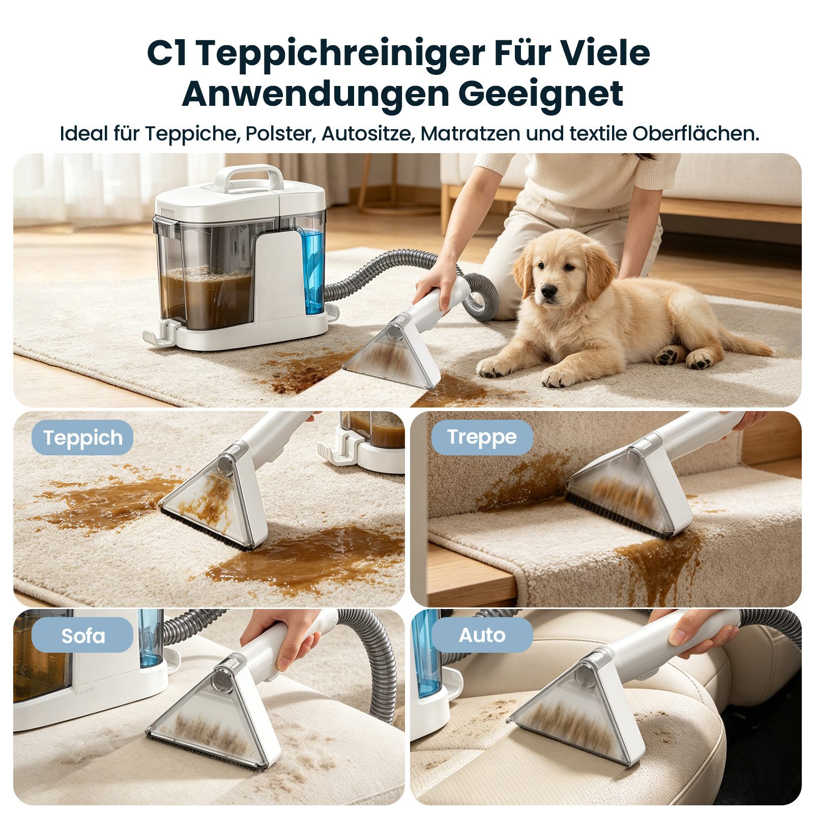Grenintol Teppichreinigungsgerät 25kPA Waschsauger,Teppichreiniger,Tragbarerer Polsterreiniger Gerät, 600 W, 1,45 l Frischwassertank + 1,6 l Schmutzwassertank, tragbarer Nasssauger & Fleckenreiniger mit 2-Tank-System, reinigt gründlich Polster, Teppiche, Autositze & Matratzen