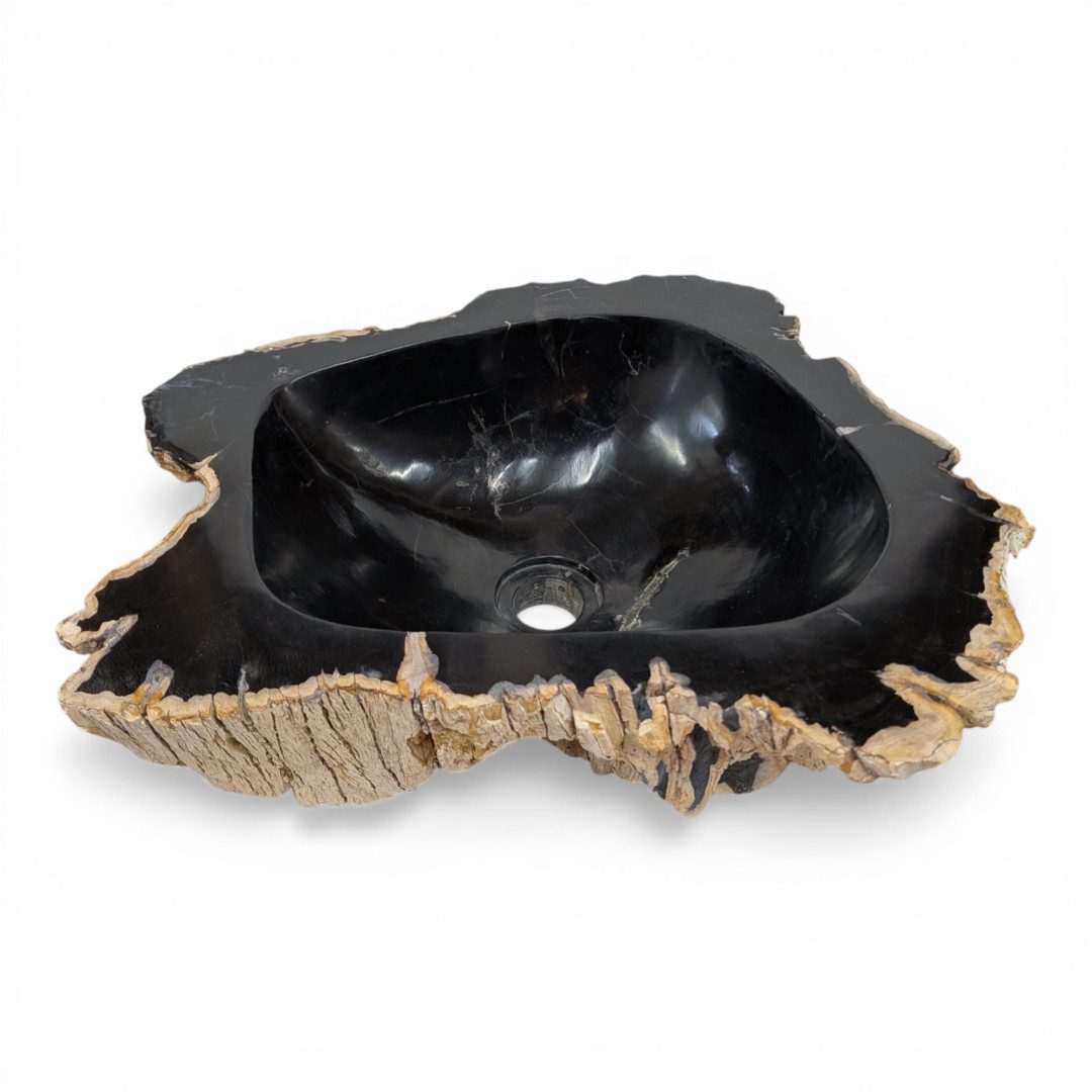 Kinaree Aufsatzwaschbecken Versteinertes Holz Waschbecken #17, poliert, Naturstein, Schwarz, Braun, Bruchstein Optik