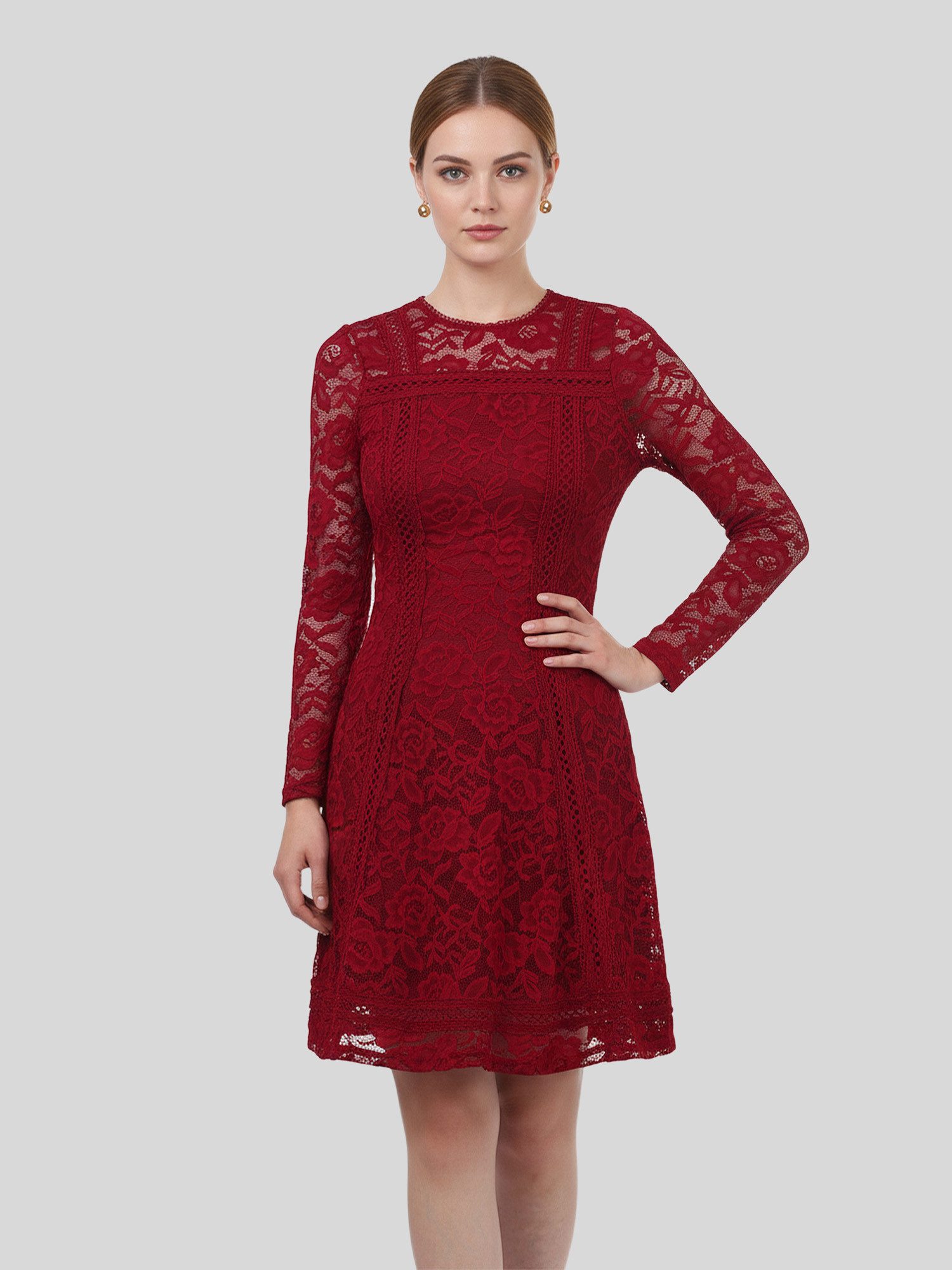 LAPA PLUS Midikleid Elegantes und weiches Langarm Spitzenkleid A-Linien-Sau günstig online kaufen