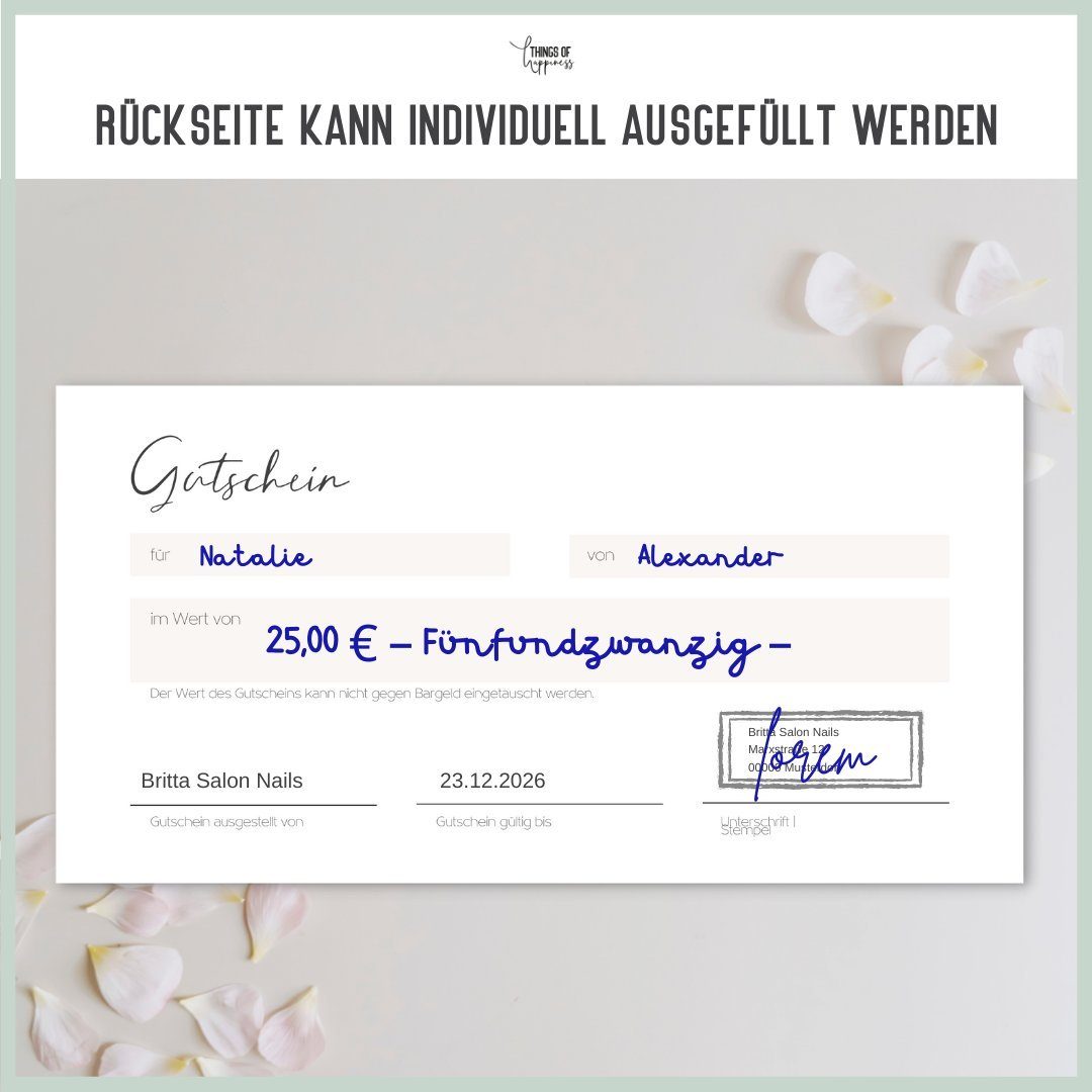 Things of Happiness Geschäftspapier 50 Blanko Gutscheine zum Ausfüllen, Gutscheinkarten, Geschenkgutschein für Nagelstudio, Friseur, Massage, Kosmetik