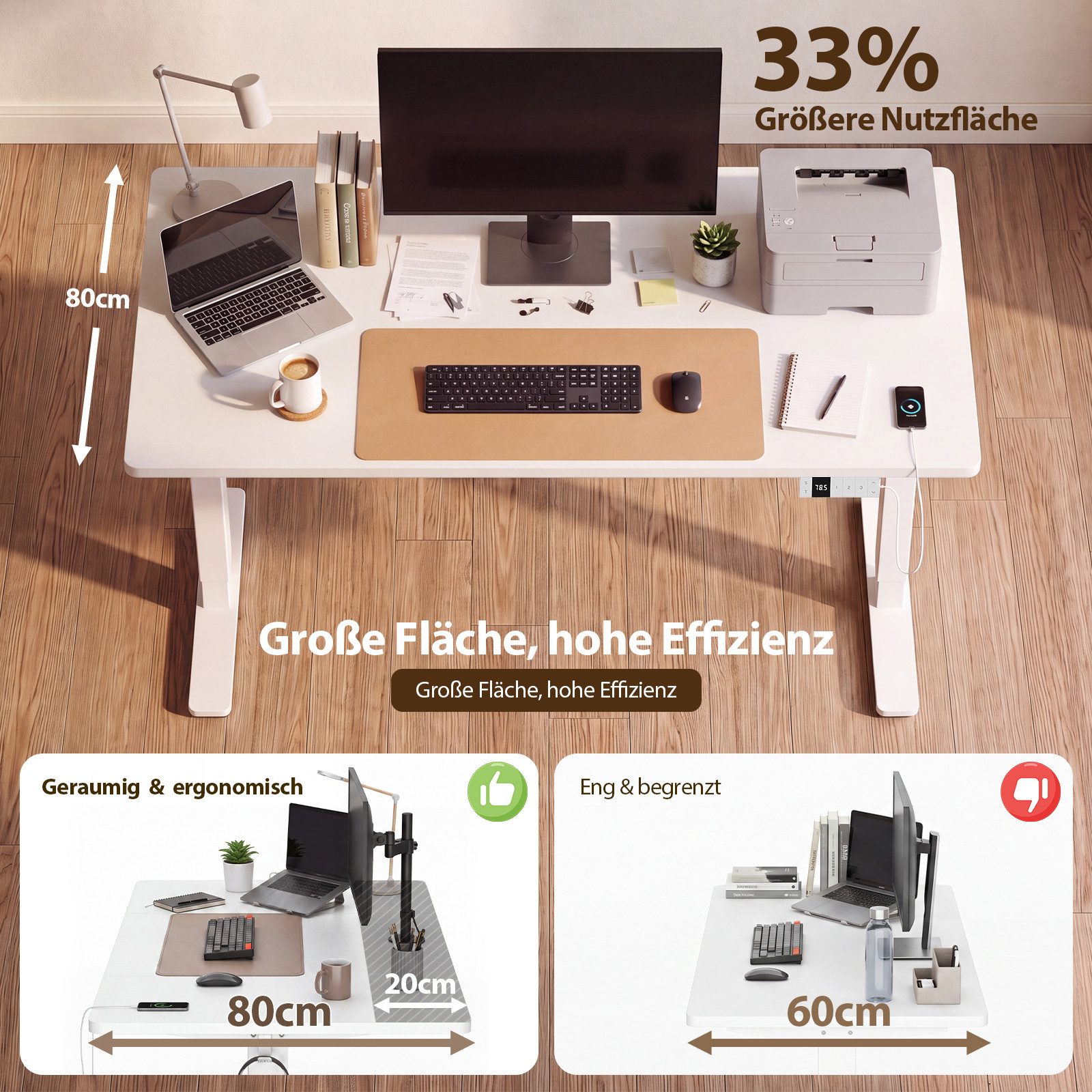 HOMALL Schreibtisch Höhenverstellbarer Schreibtisch mit 3 Höhen-Speicherfunktionen (Mehrere GrdBen 120/140/160/180/200 cm mit 1 USB-Ladanschlus Tischplate mit einerTiefe von 80 cm Der Tisch besteht aus ver Tischplaten)