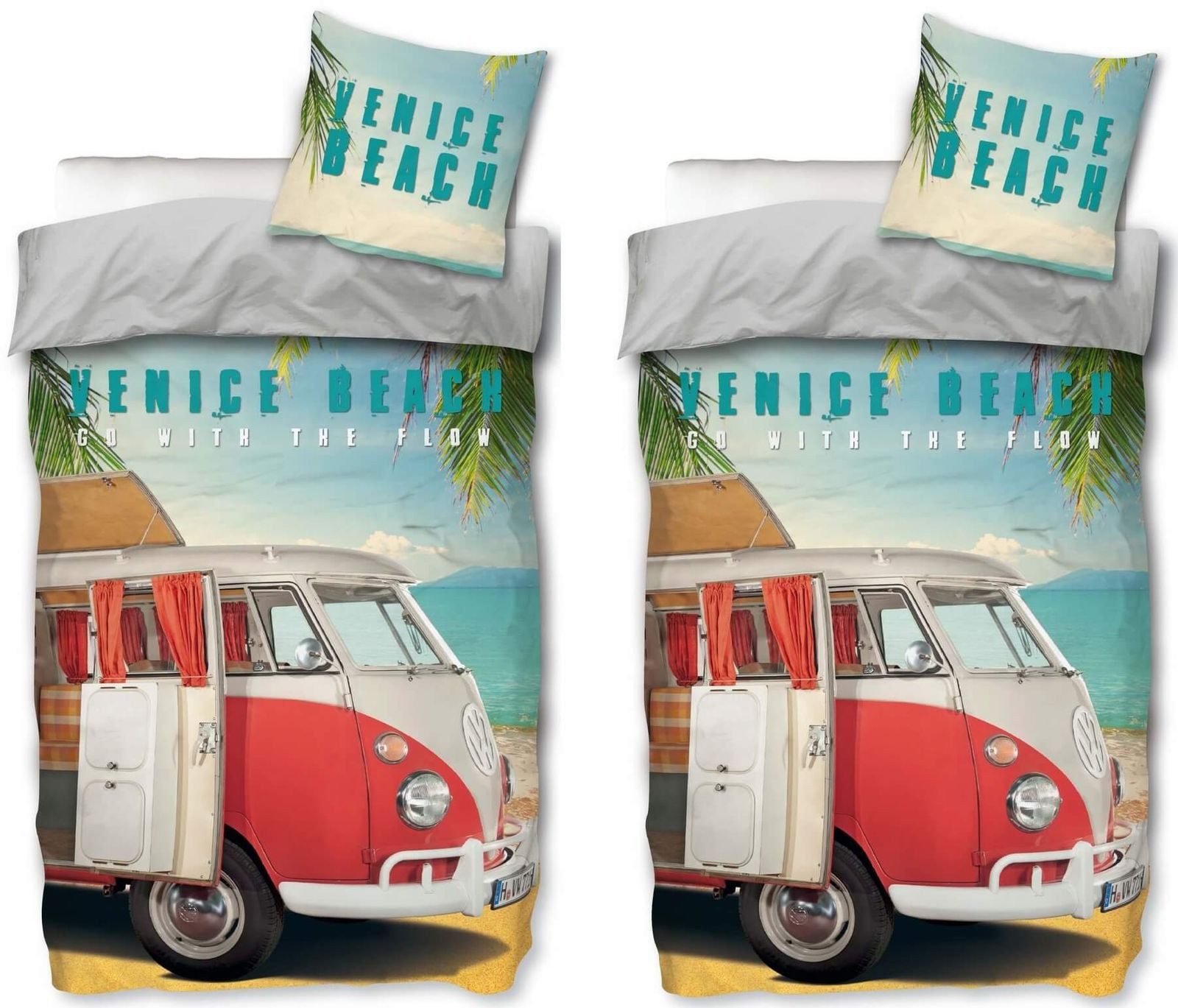 SkyBrands Bettwäsche VW Bulli - Partner-Bettwäsche, Bus T1 Venice Beach, 135x200 & 80x80, Baumwolle, 100% Baumwolle